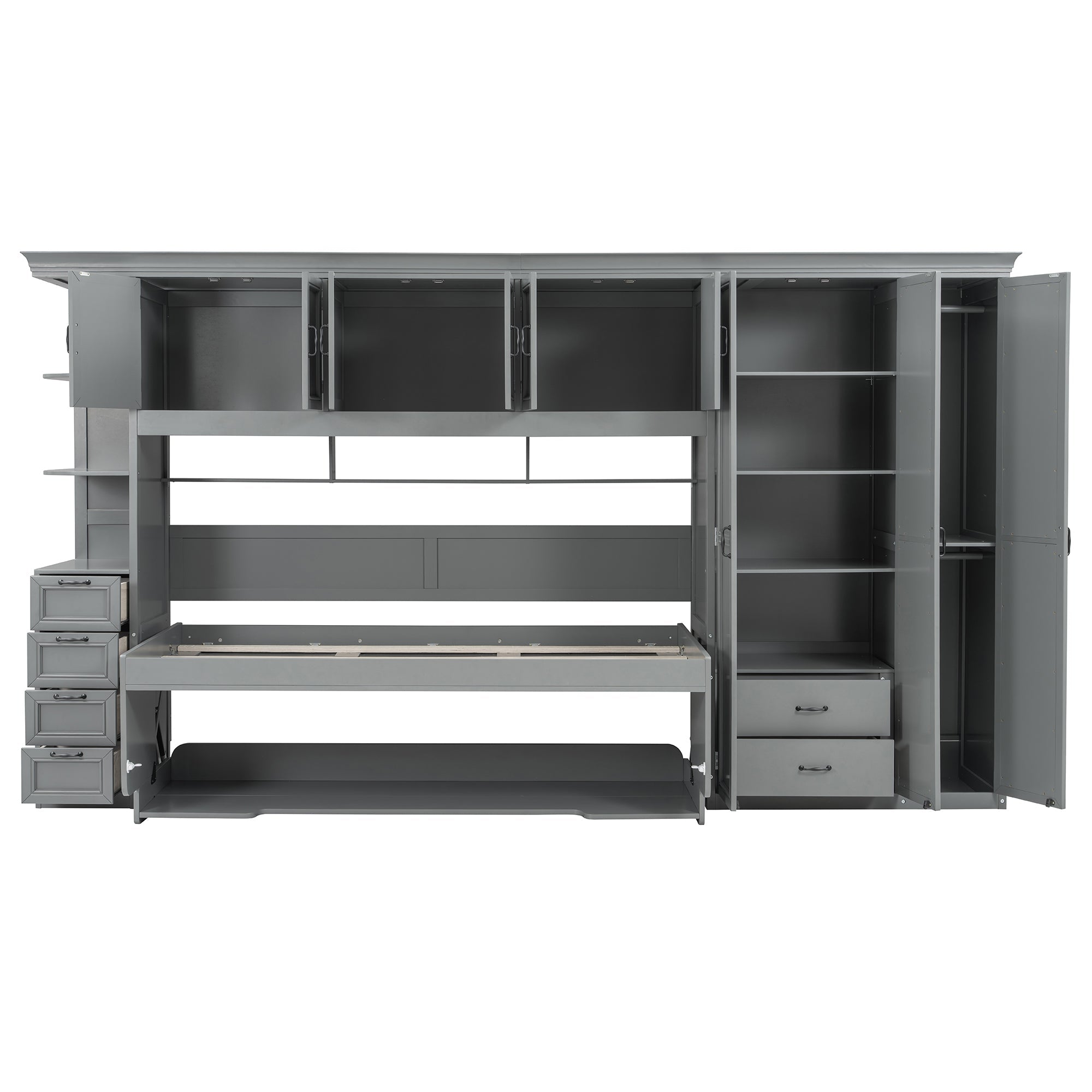 Twin Size Murphy Bed Wall Bed with Wardrobe, Cabinet and Desk, Gray