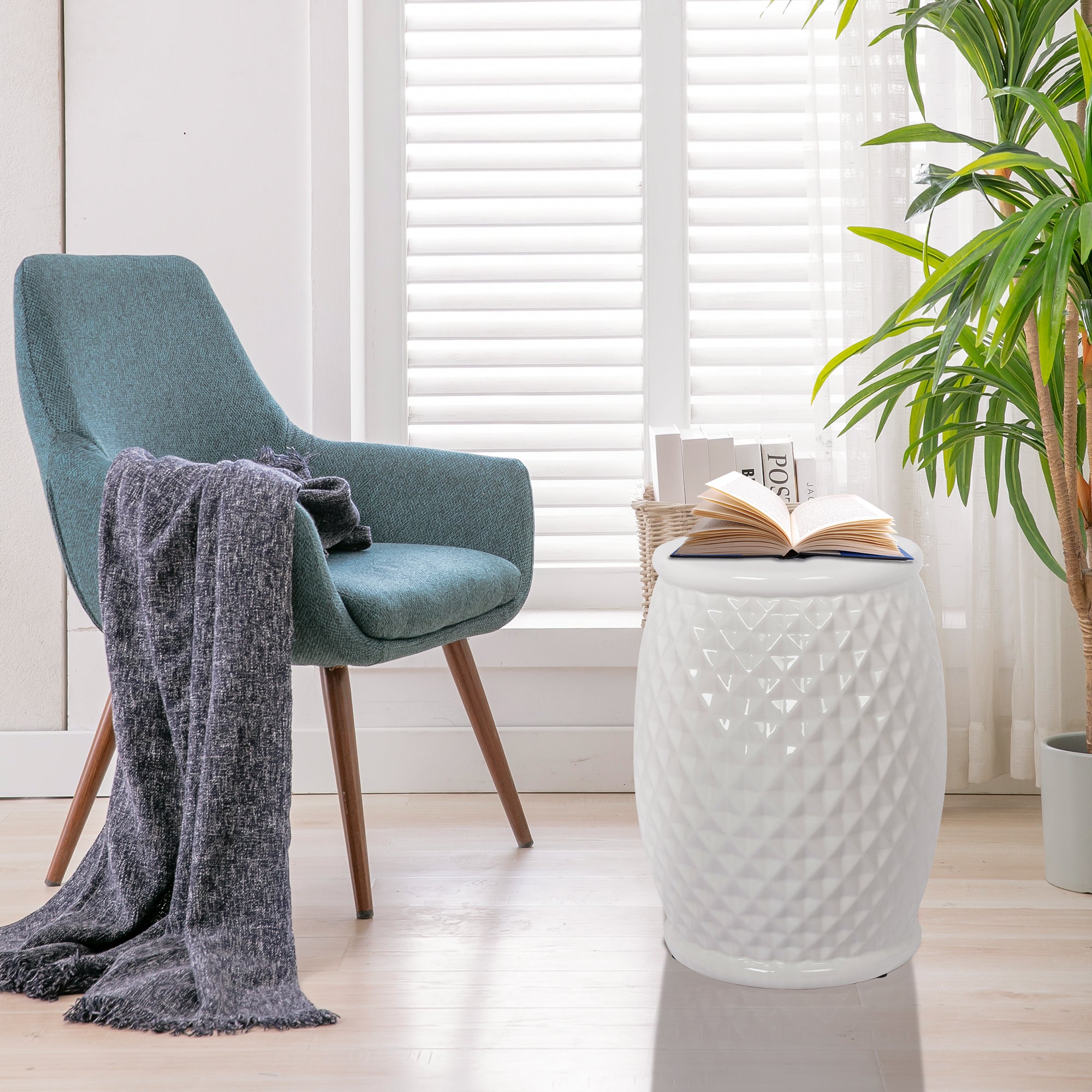 Glazed Ceramic Drum Stool - Indoor/Outdoor Side Table - White Ceramic 11 x 17.25 Inches