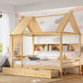 Full house Beds with Storage Drawers and Window, Solid Wood House Platform Bed Frame with shelves, for Kids, Girls, Boys, No Spring Box Needed and Childlike Design, Natural
