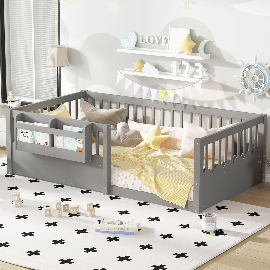 Twin Floor bed with Heightened Fence and bookshelf ,Wood Floor Bed for Kids, Gray.