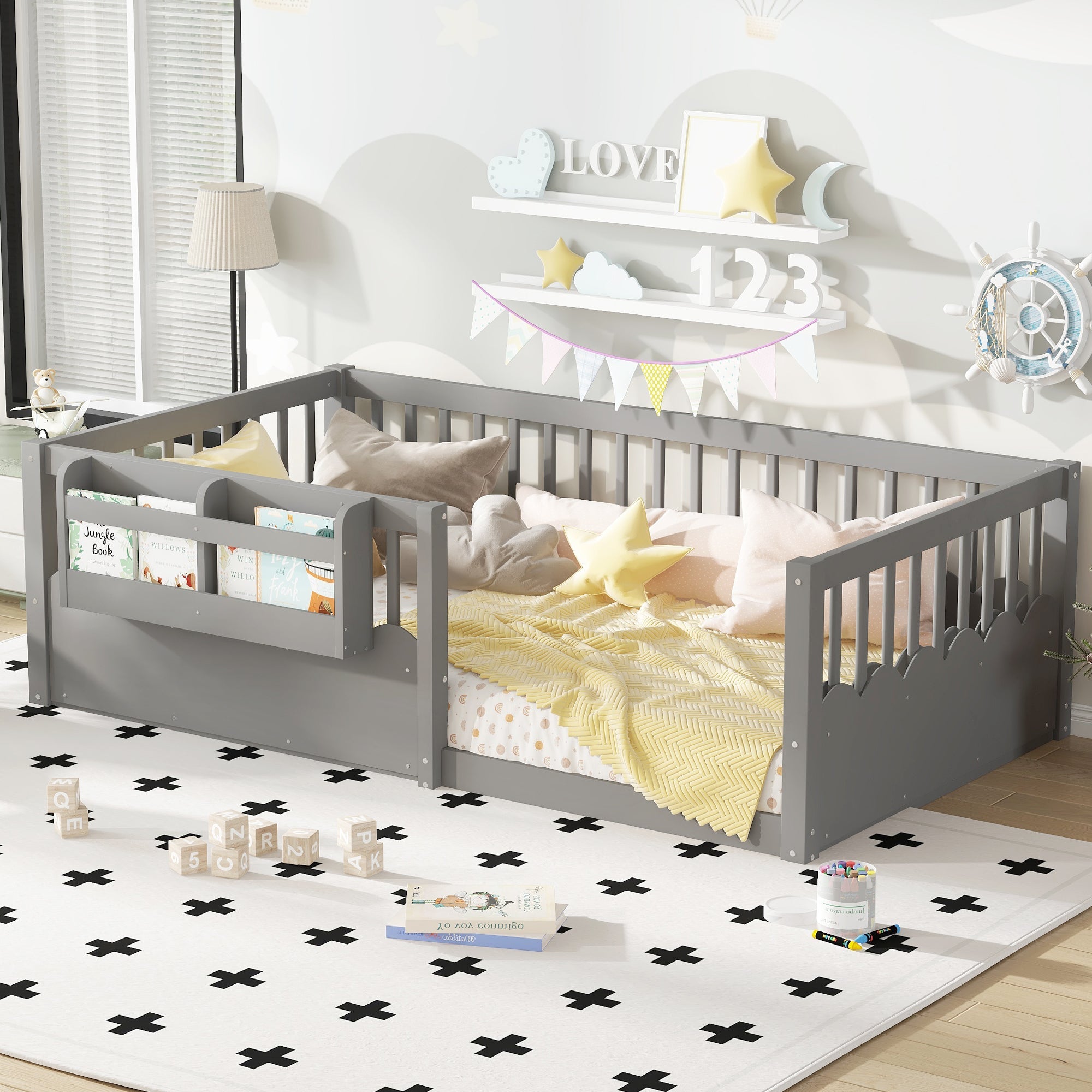 Twin Floor bed with Heightened Fence and bookshelf ,Wood Floor Bed for Kids, Gray.
