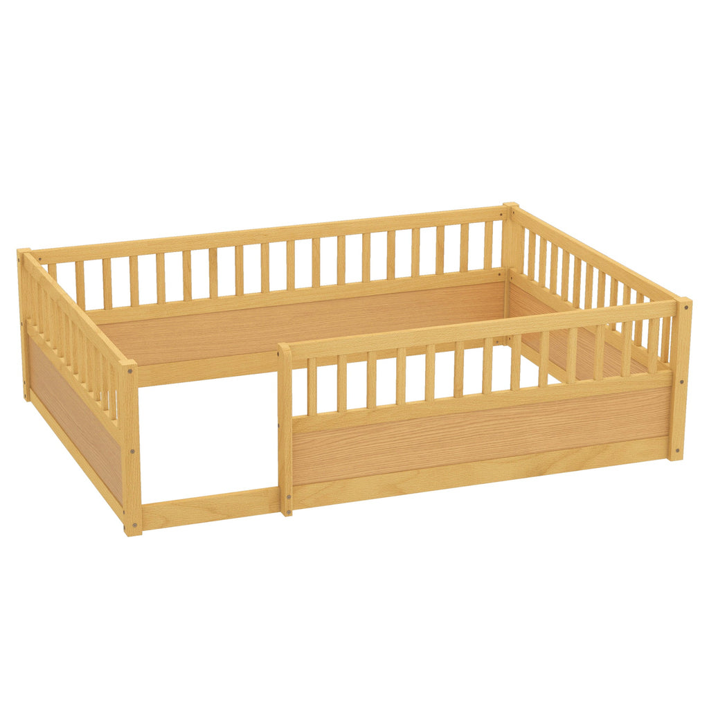 Full Floor Bed Frame with Fence, Montessori wooden children's floor bed,Wood Kids Floor Beds Frame for Bedroom Playroom,Natural