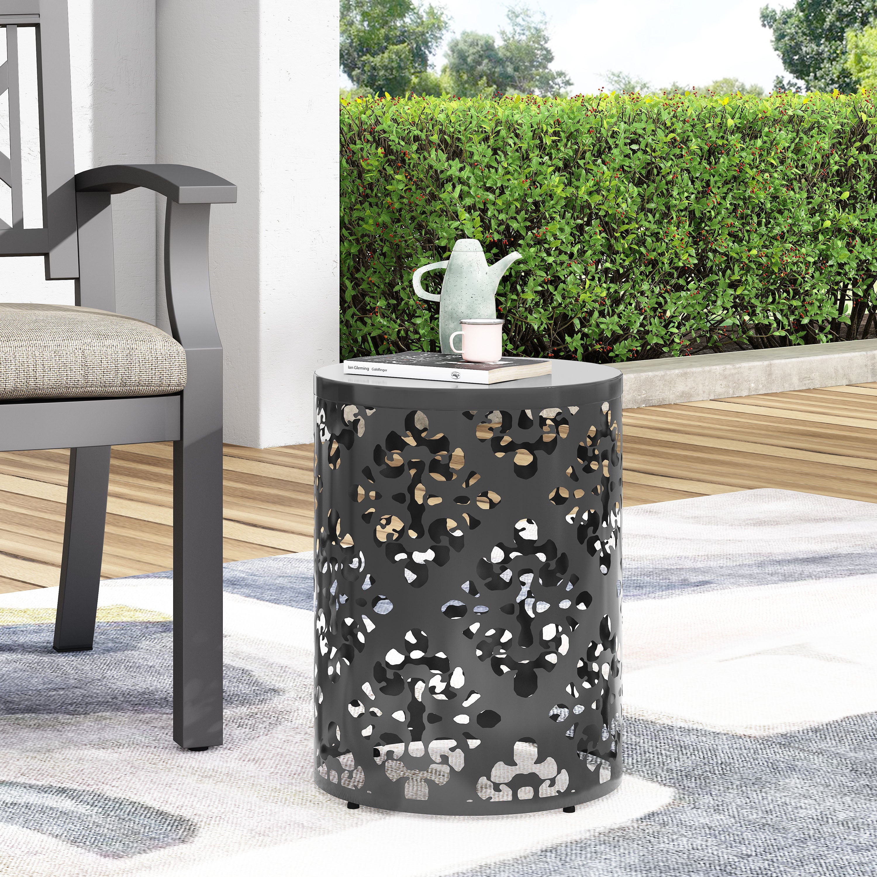 Modern Cylindrical Outdoor Metal End Table with Floral Iron Cut Design, Black, 13.78 x 13.78 x 17.91 inches
