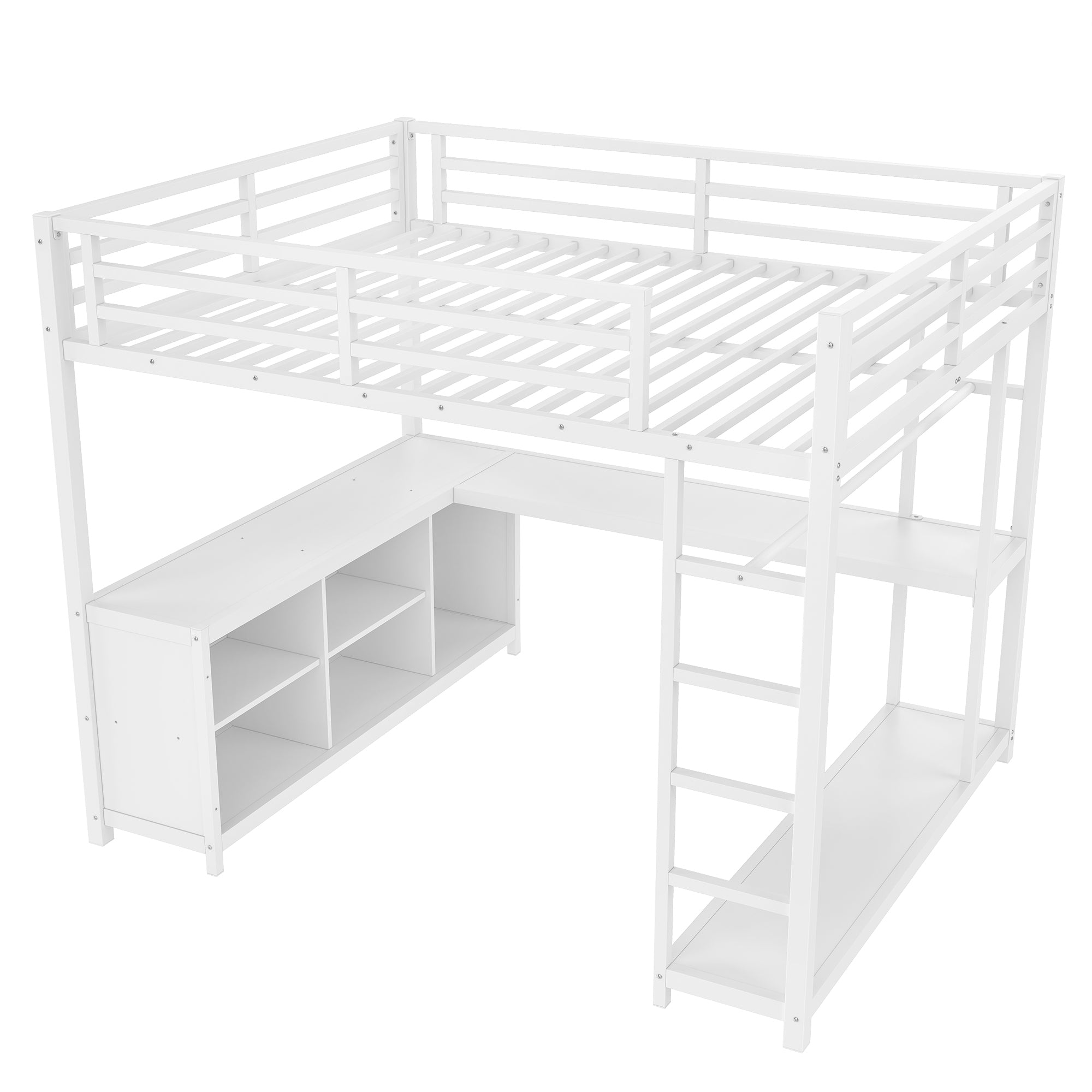 Metal Loft Bed with Wardrobe and L-shaped Desk, Queen Size Loft Bed with Storage Cubes and Shelves, Loft Bed for Kids Teens Adults, White