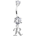 925 Sterling Silver Clear CZ Ornate Script Initial R Dangle Belly Ring