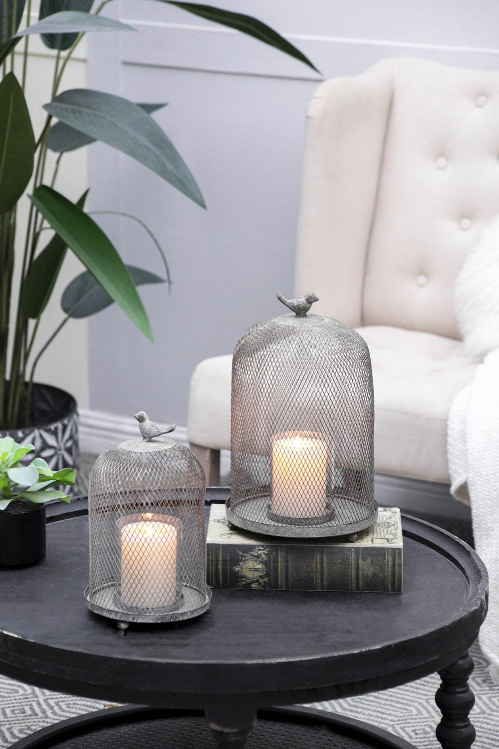 Set of 2 Ophira Sparrow Antique Gray Mesh Candle Holders, L: D8.5x13'  S: D7x10'