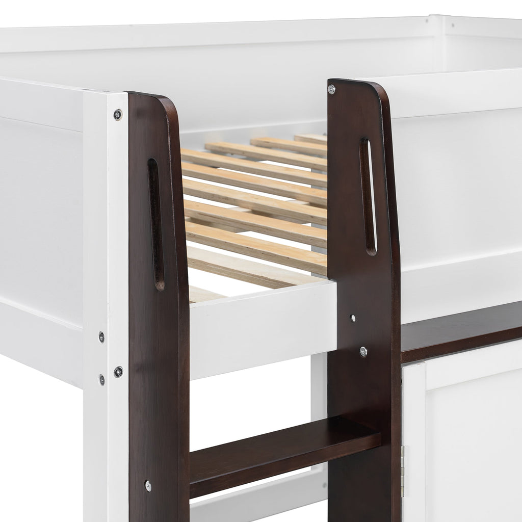 Full Loft House Bed with Playhouse & Storage, Modern Wood Cabin Bed for Kids/Teens, White+Espresso