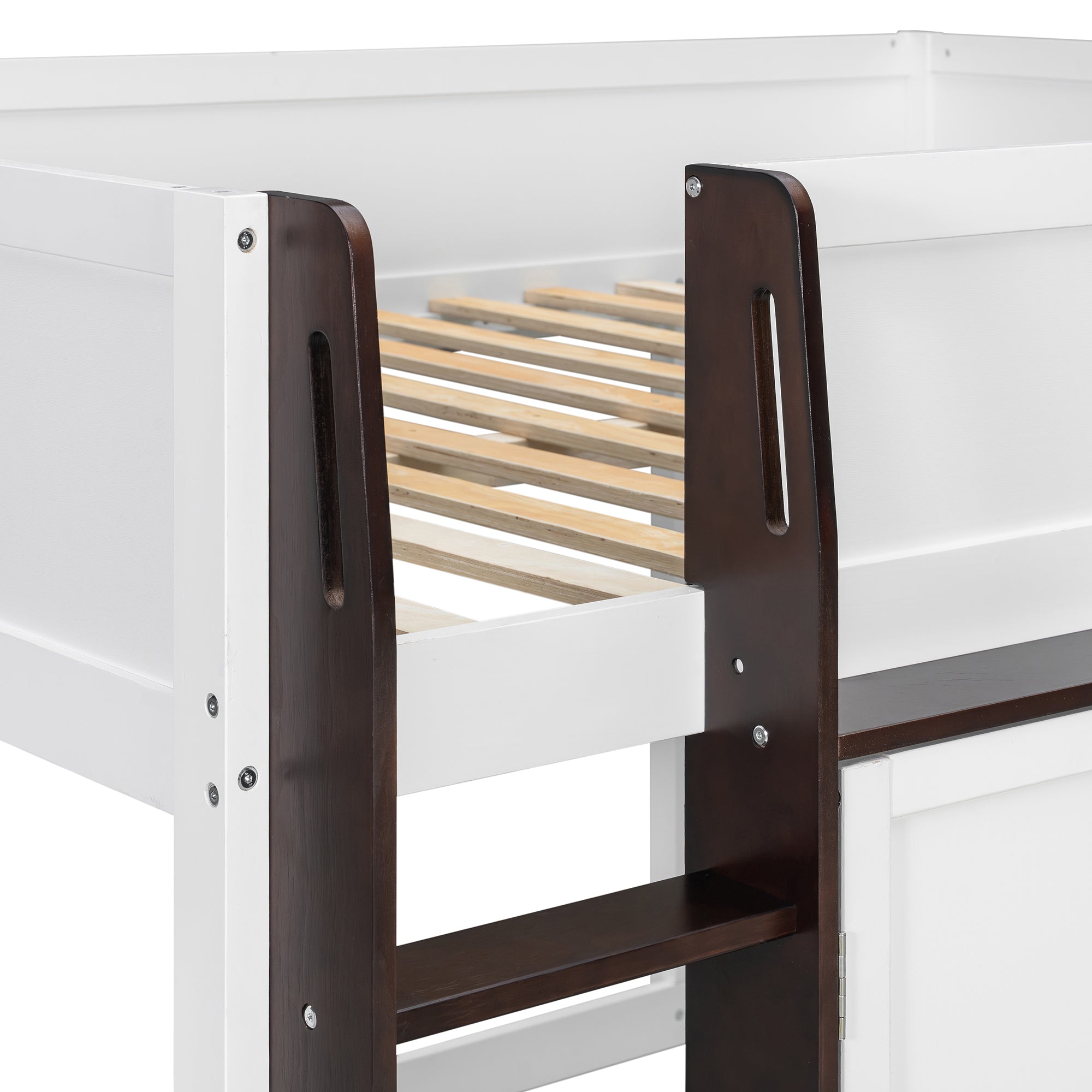 Full Loft House Bed with Playhouse & Storage, Modern Wood Cabin Bed for Kids/Teens, White+Espresso