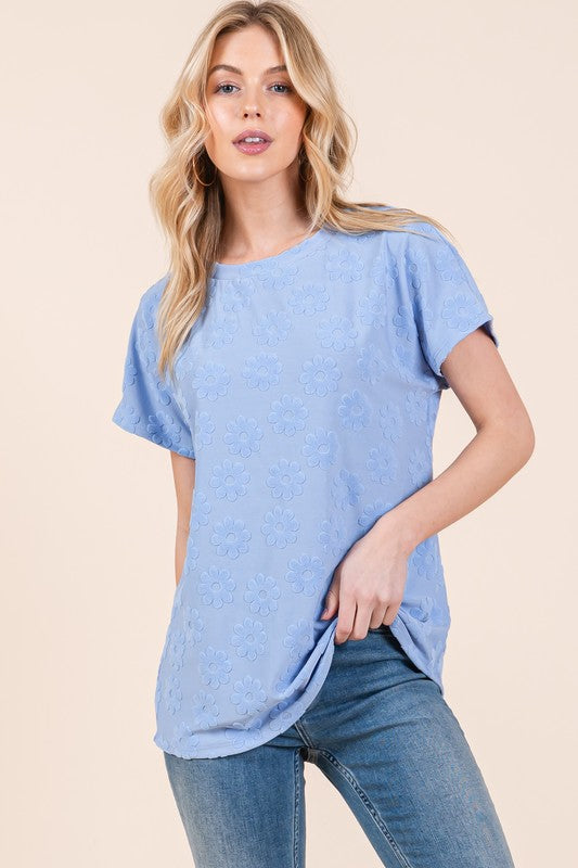 BOMBOM Textured Floral Pattern Short Sleeve T-Shirt