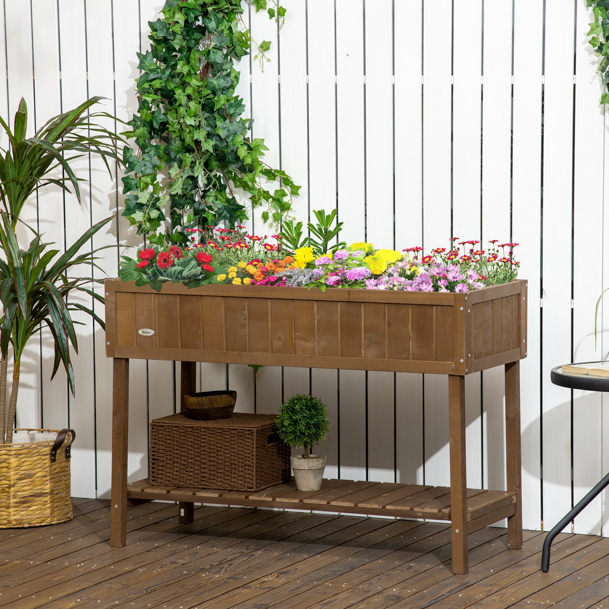 Outsunny 43x18x30in Raised Garden Bed with 8 Pockets and Shelf, Wooden Elevated Planter Box with Legs to Grow Herbs, Vegetables, and Flowers, Dark Brown