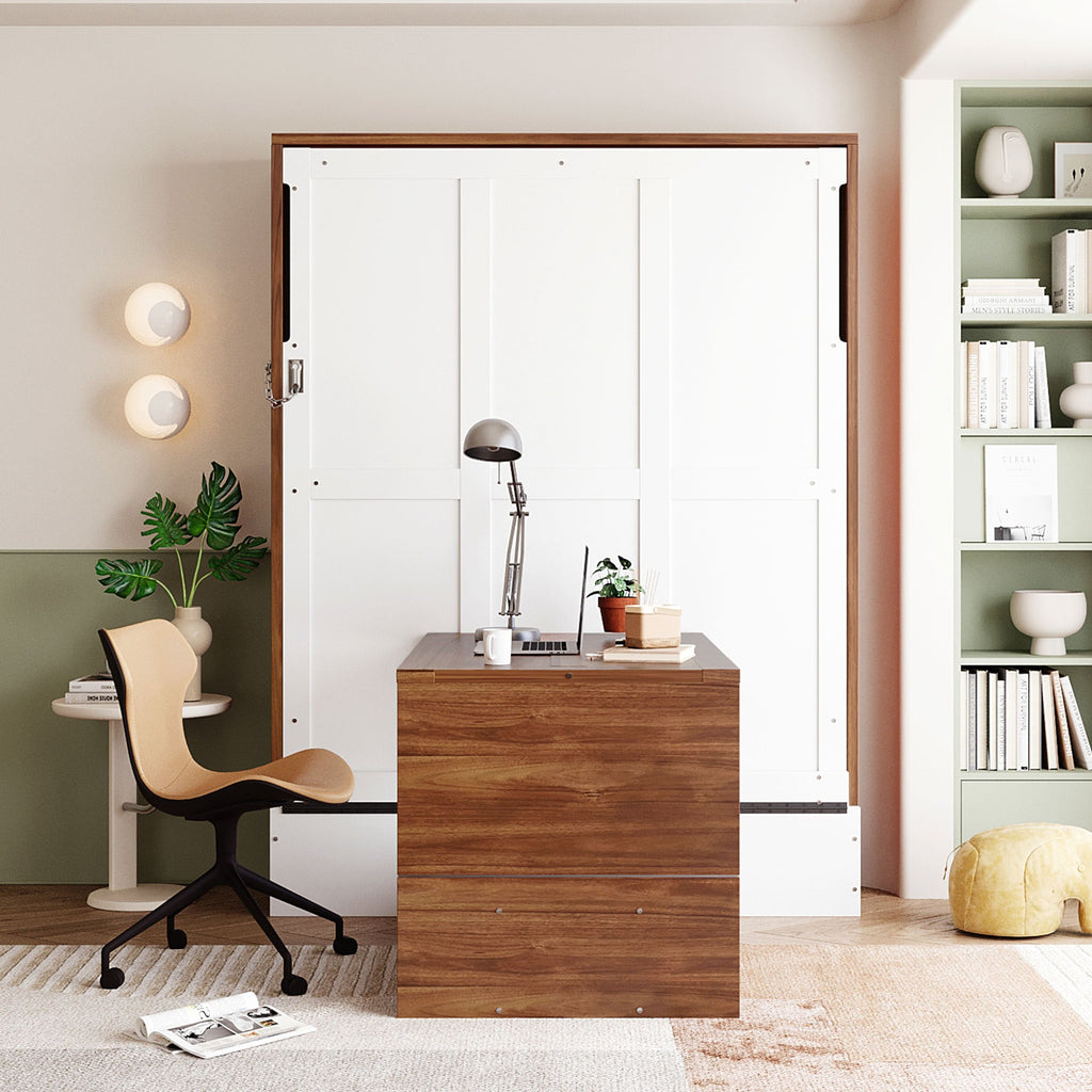 Full Size Murphy Bed with Foldable Desk – Space Saving Wall Bed - Walnut & White