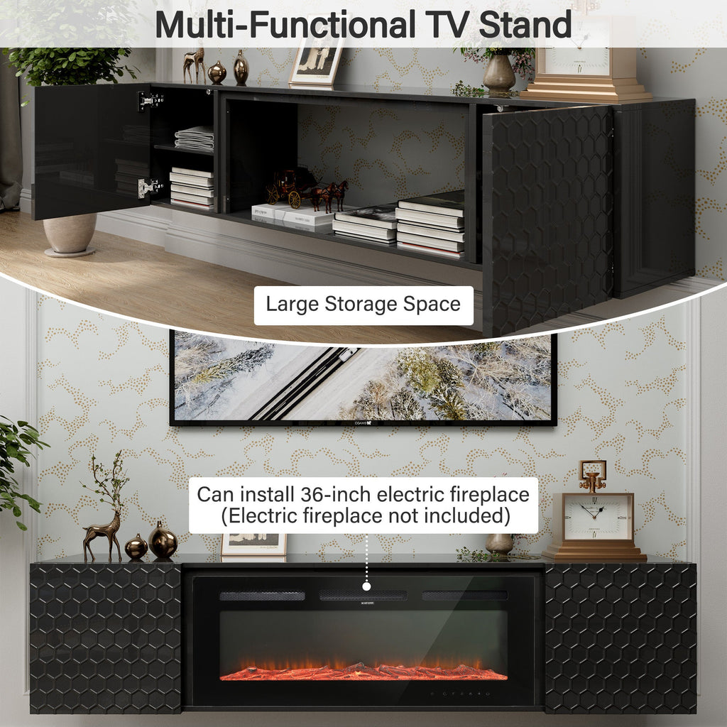 Floating TV Wall Mount Stand for 80 Inch TVs - Sturdy Wood Console, High Weight Capacity & Hidden Cable Management, Contemporary Style (Black)