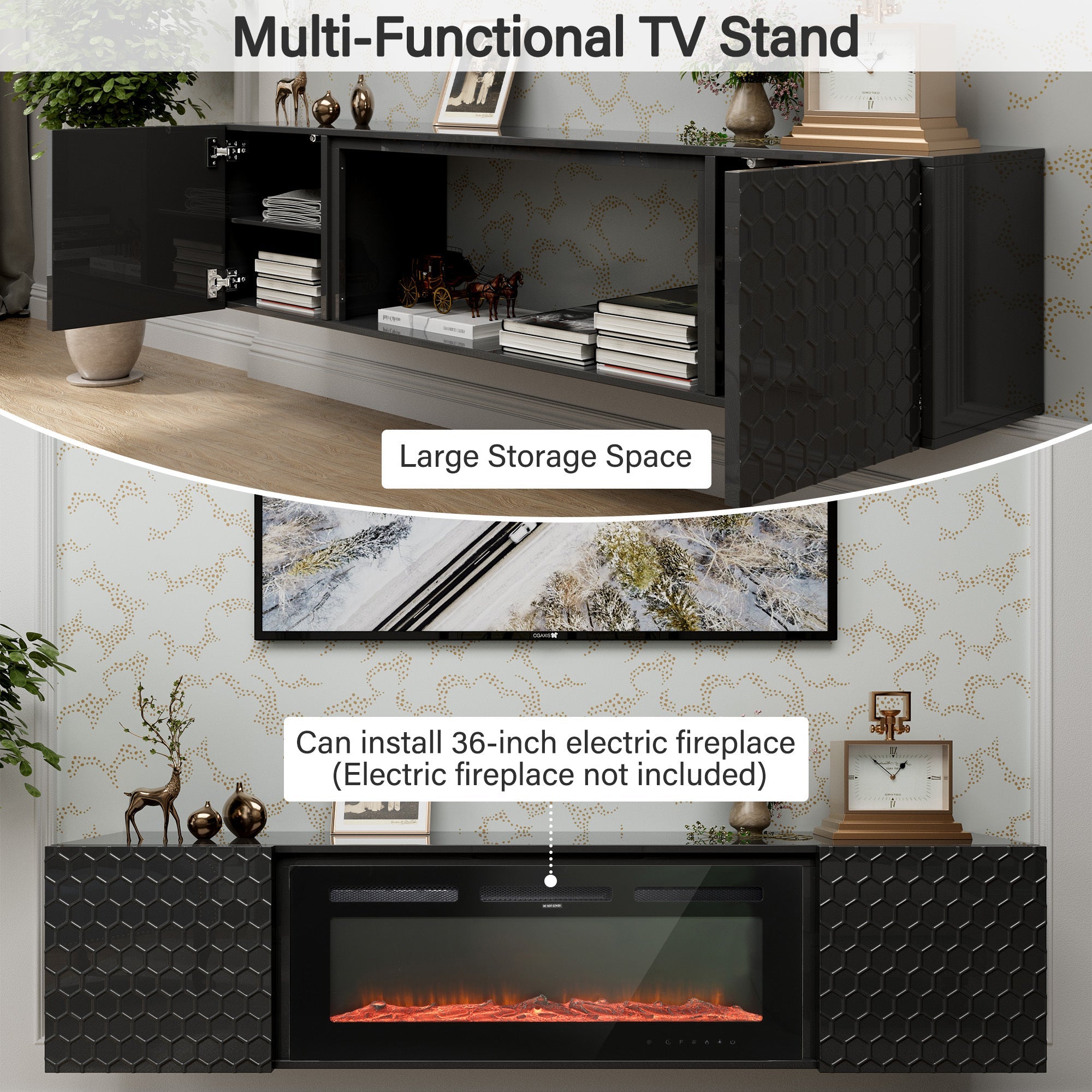 Floating TV Wall Mount Stand for 80 Inch TVs - Sturdy Wood Console, High Weight Capacity & Hidden Cable Management, Contemporary Style (Black)