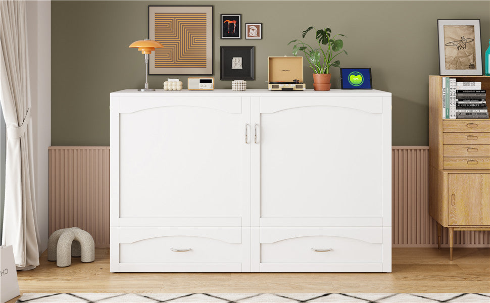 Queen Size Murphy Bed Wall Bed with drawer and a set of Sockets & USB Ports, Pulley Structure Design, White(OLD SKU: LP100671AAK)