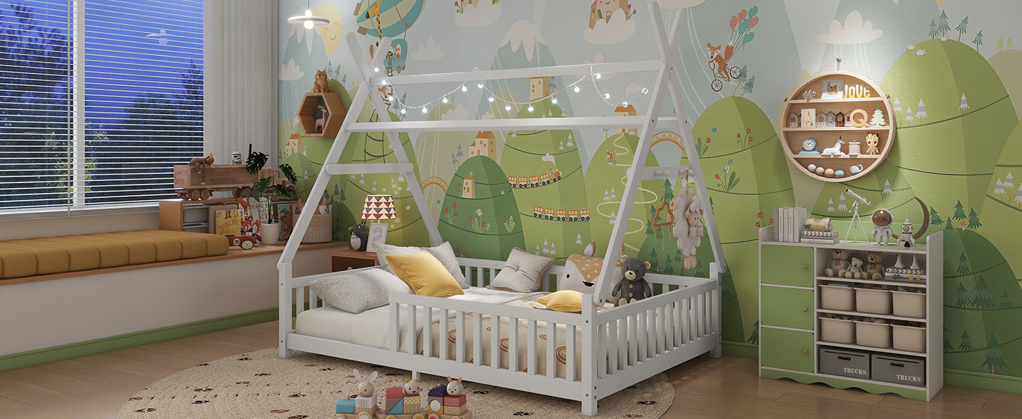 Full House Bed with Light, Low Floor House Bed with Fence and Roof for Kids Boys Girls,White(Expect arrive date 2025/7/20)