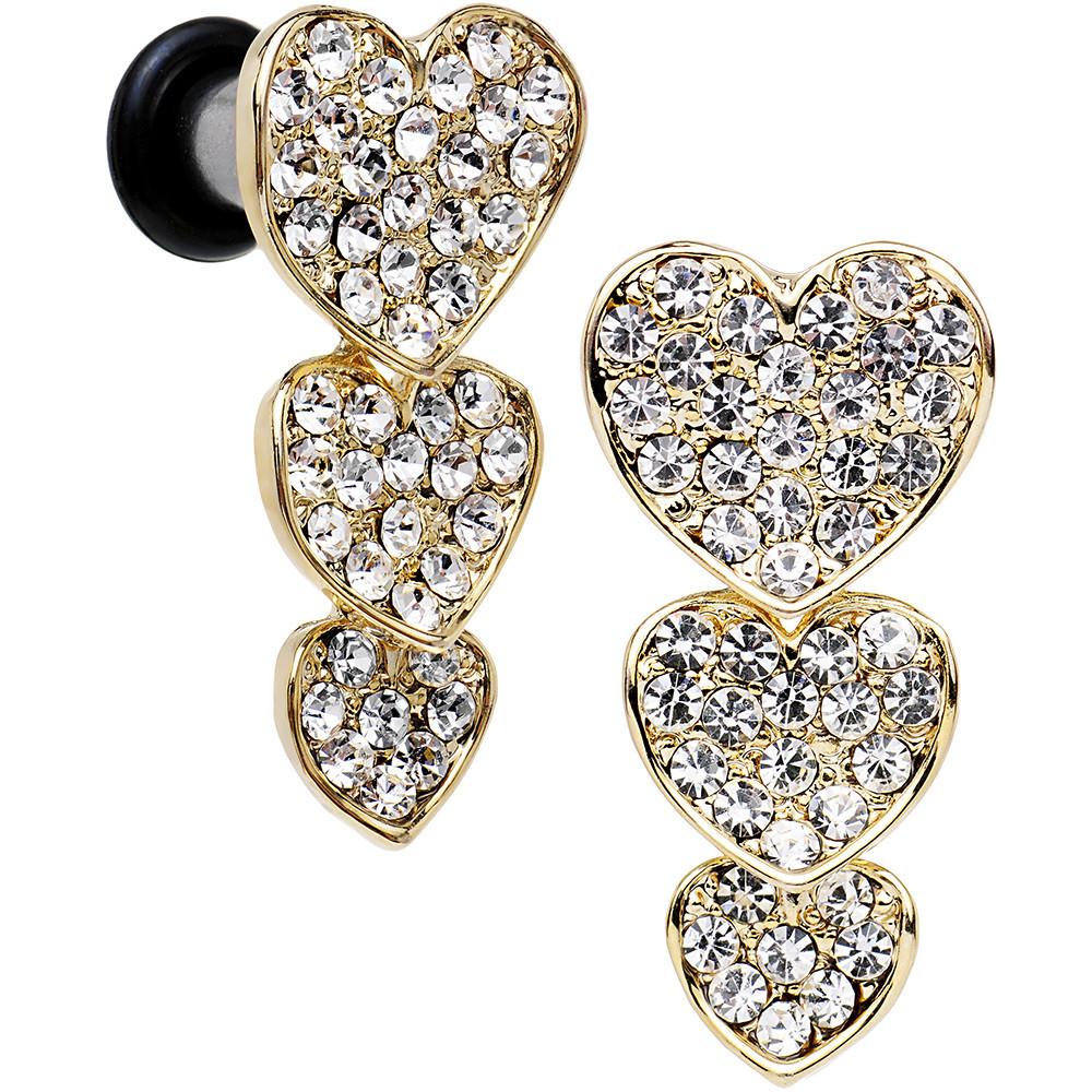Clear Gem Steel Triple Heart Single Flare Dangle Plug Set Sizes 5mm to 00G