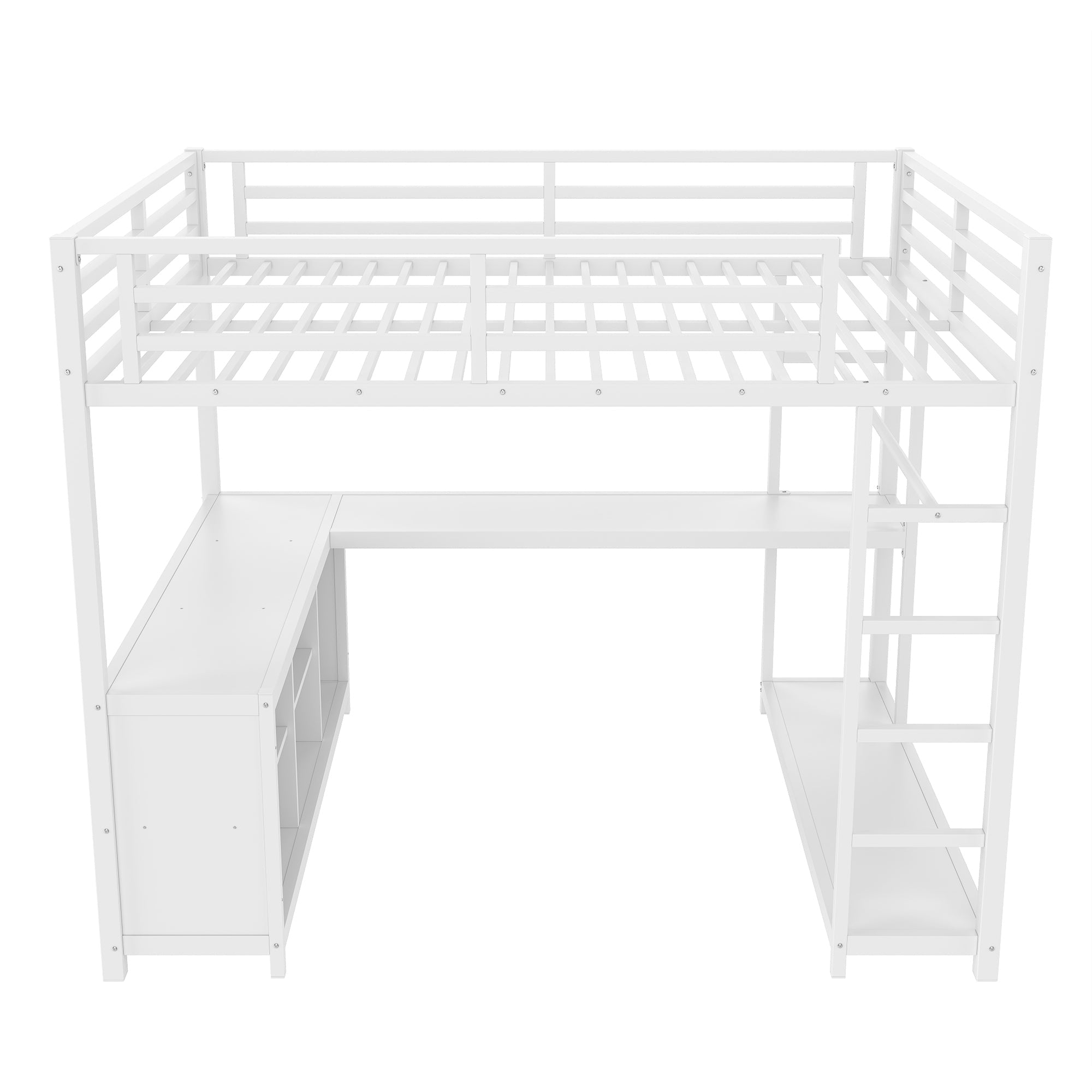 Metal Loft Bed with Wardrobe and L-shaped Desk, Queen Size Loft Bed with Storage Cubes and Shelves, Loft Bed for Kids Teens Adults, White
