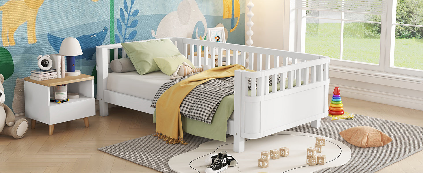 Twin Size Wood Platform Bed for Kids, Wood Low Profile Twin Bed with Rails for Girls and Boys, White (Patented Design)