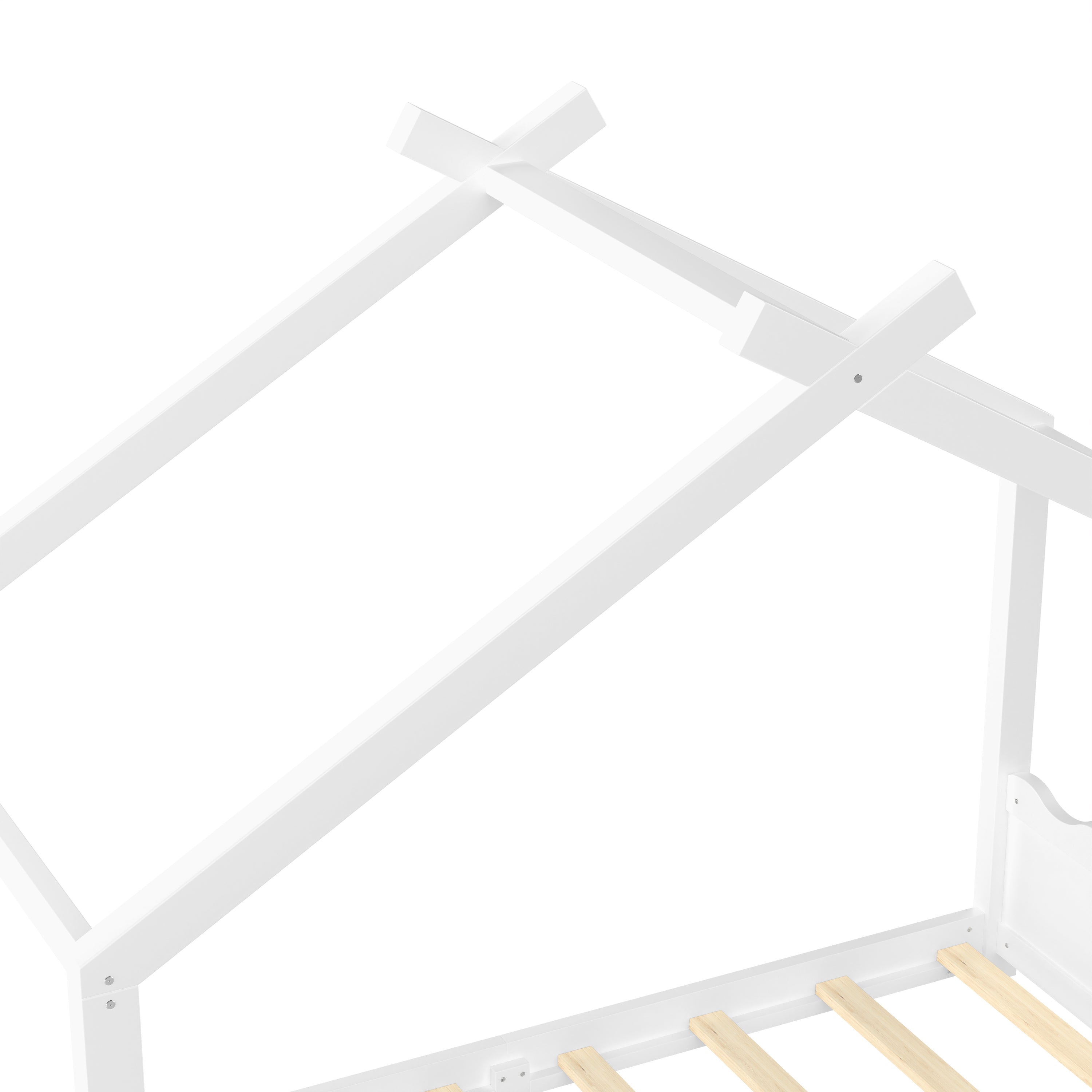 Twin House Floor Bed with Support Slats, Solid Wood House Bed Frame for Kids, No Box Spring Needed and Opening Constructure, White