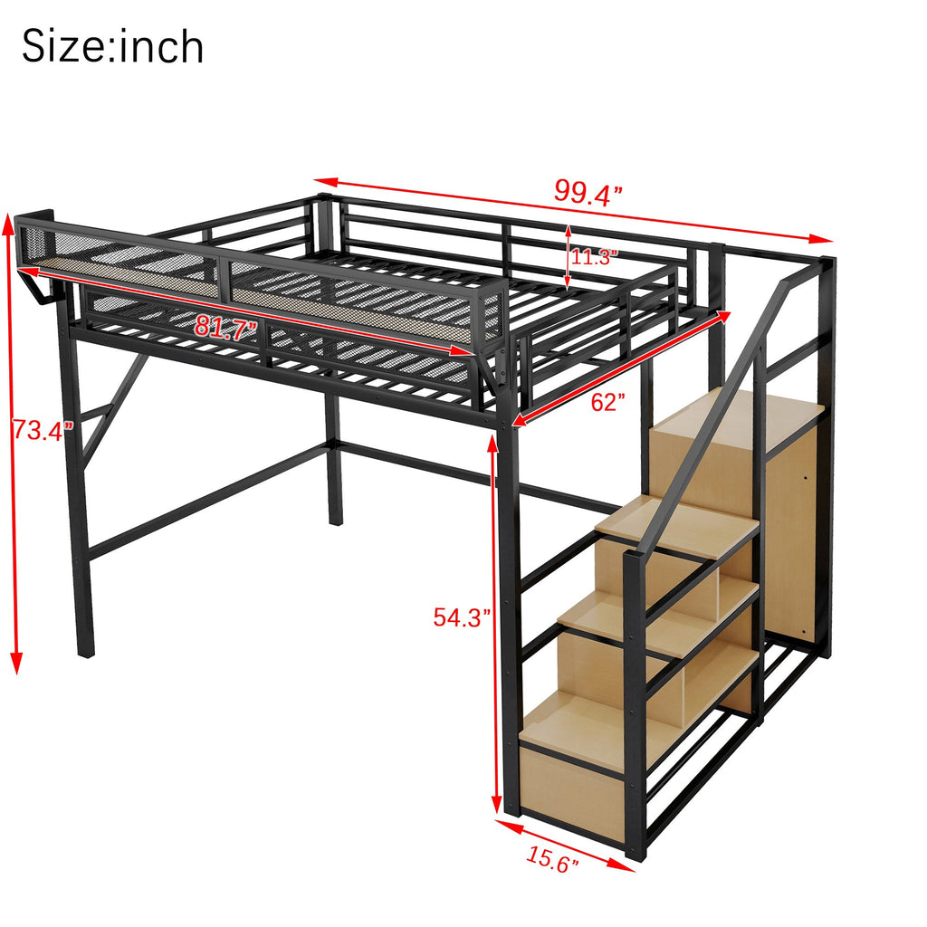 Queen Size Loft Bed with Stairs, Metal Queen Loft Bed with Storage Shelves, High Loft Bed with Wardrobe for Kids Teens Adults, Black(Old SKU W2580S00026 ) Patent Products