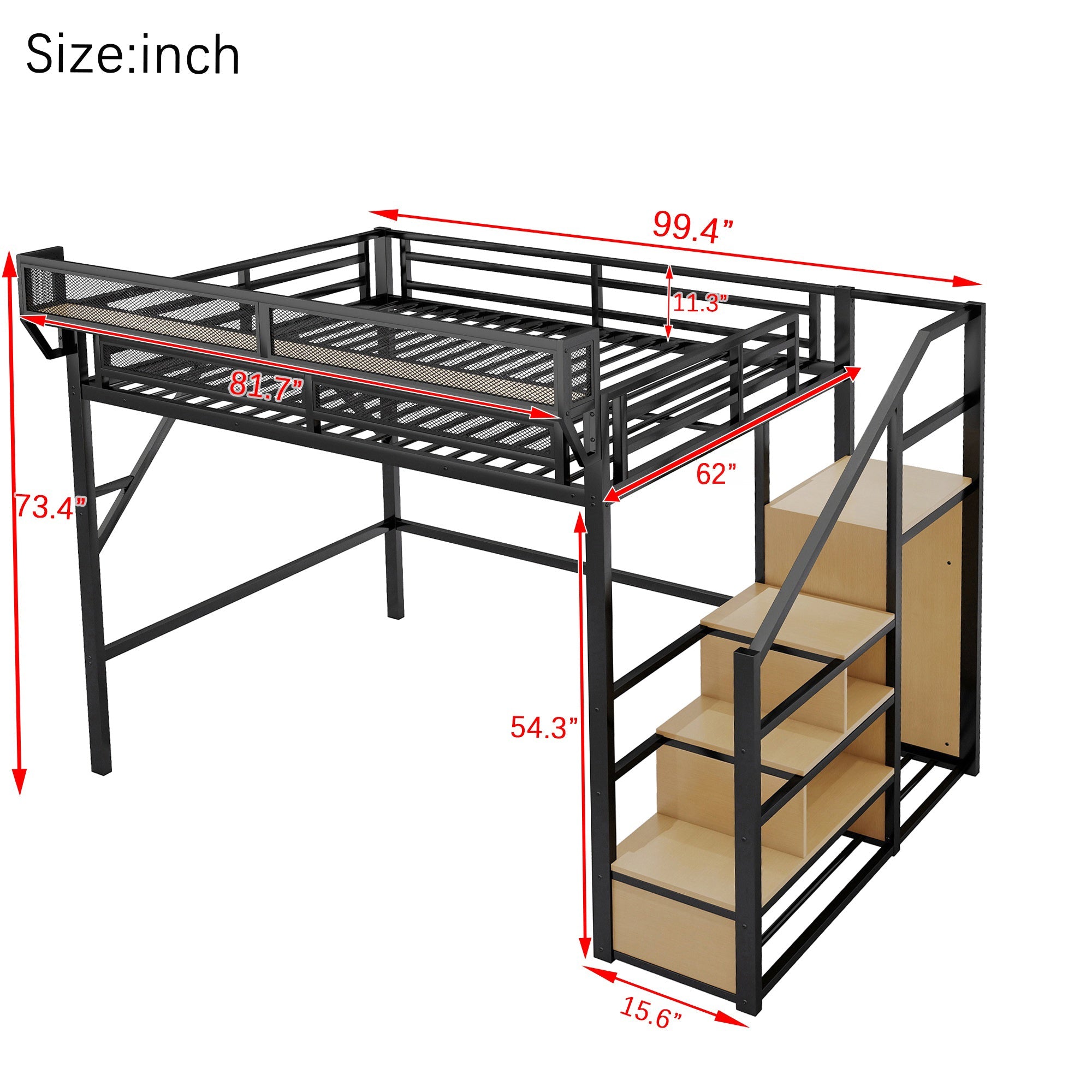 Queen Size Loft Bed with Stairs, Metal Queen Loft Bed with Storage Shelves, High Loft Bed with Wardrobe for Kids Teens Adults, Black(Old SKU W2580S00026 ) Patent Products