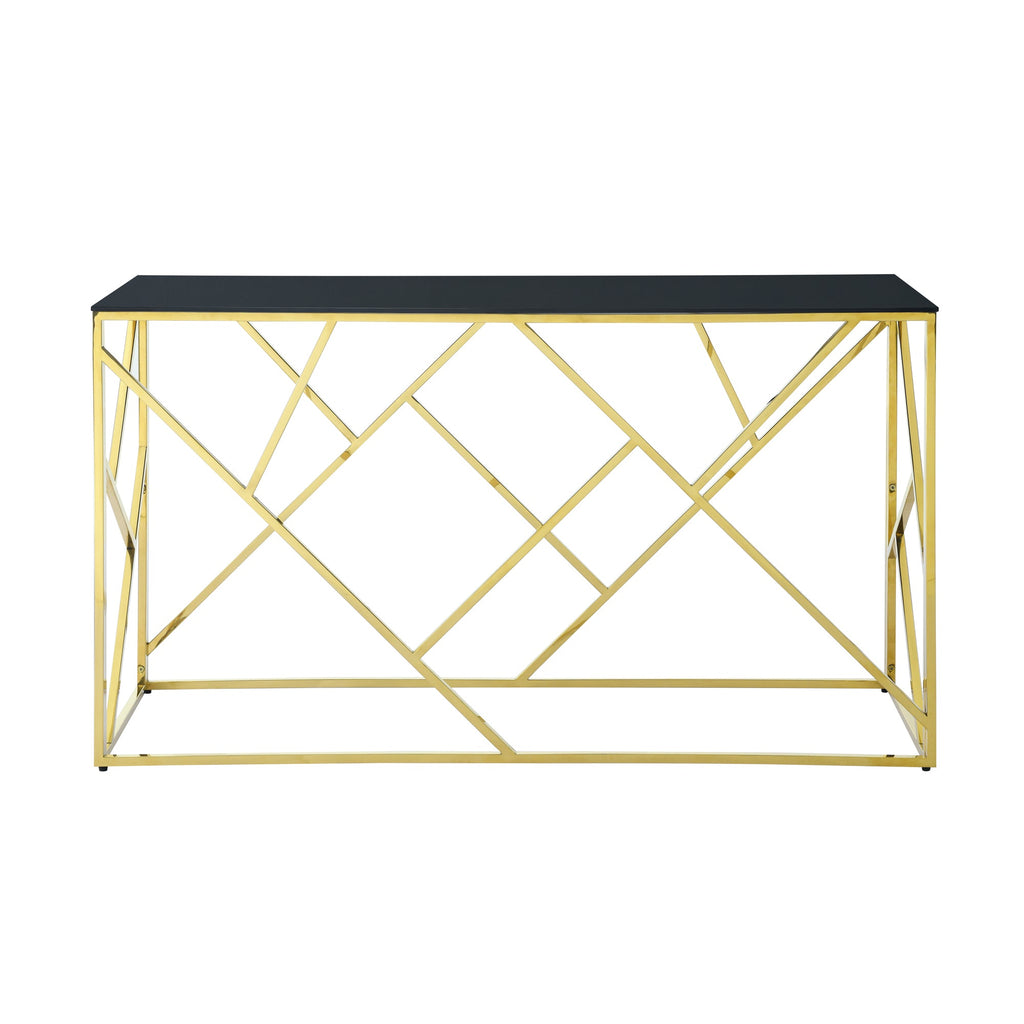 Modern Glass Console Table, 55" Gold Sofa Table with Sturdy Metal Frame and Black Tempered Glass Top, for Living Room Entryway Bedroom, Gold Finish