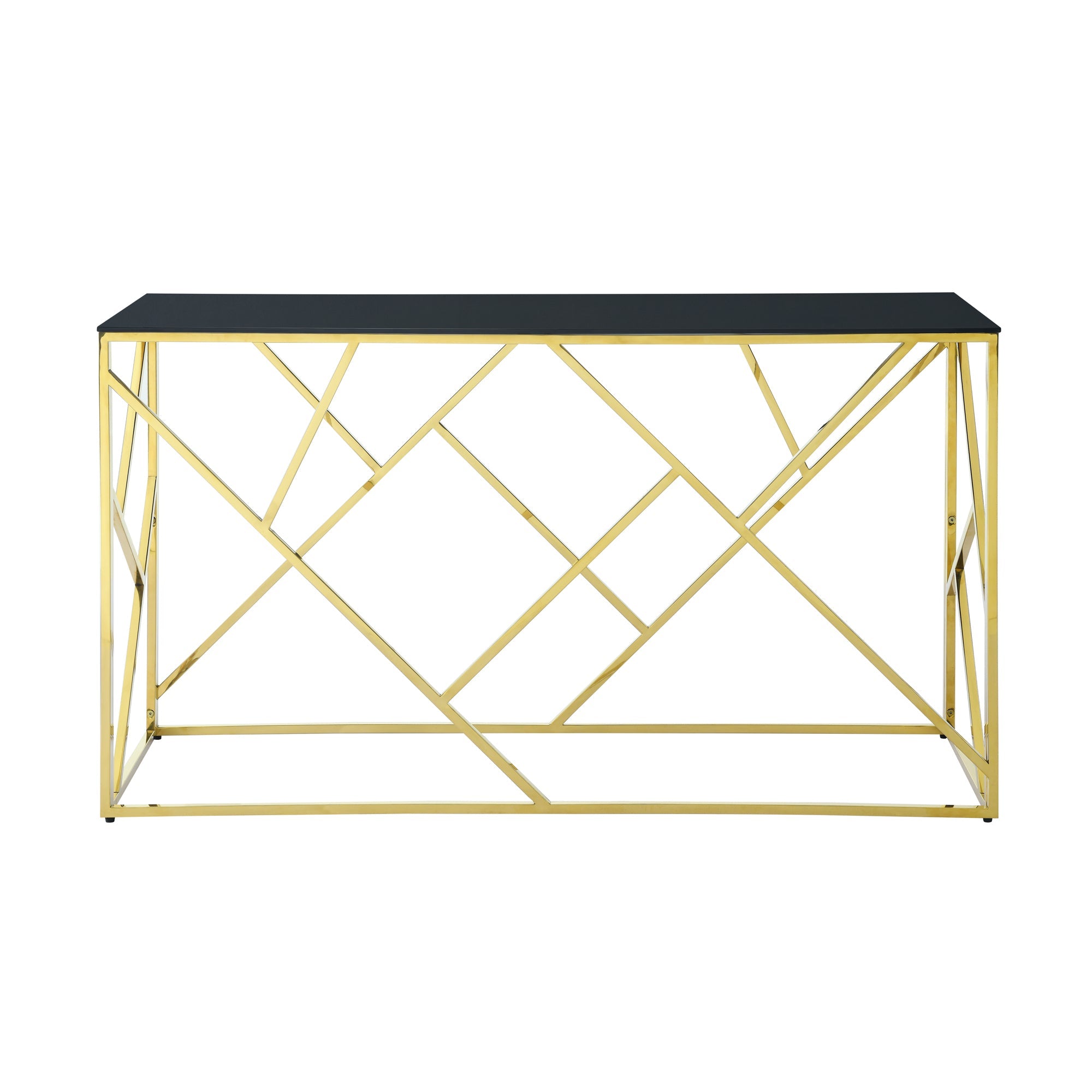 Modern Glass Console Table, 55" Gold Sofa Table with Sturdy Metal Frame and Black Tempered Glass Top, for Living Room Entryway Bedroom, Gold Finish