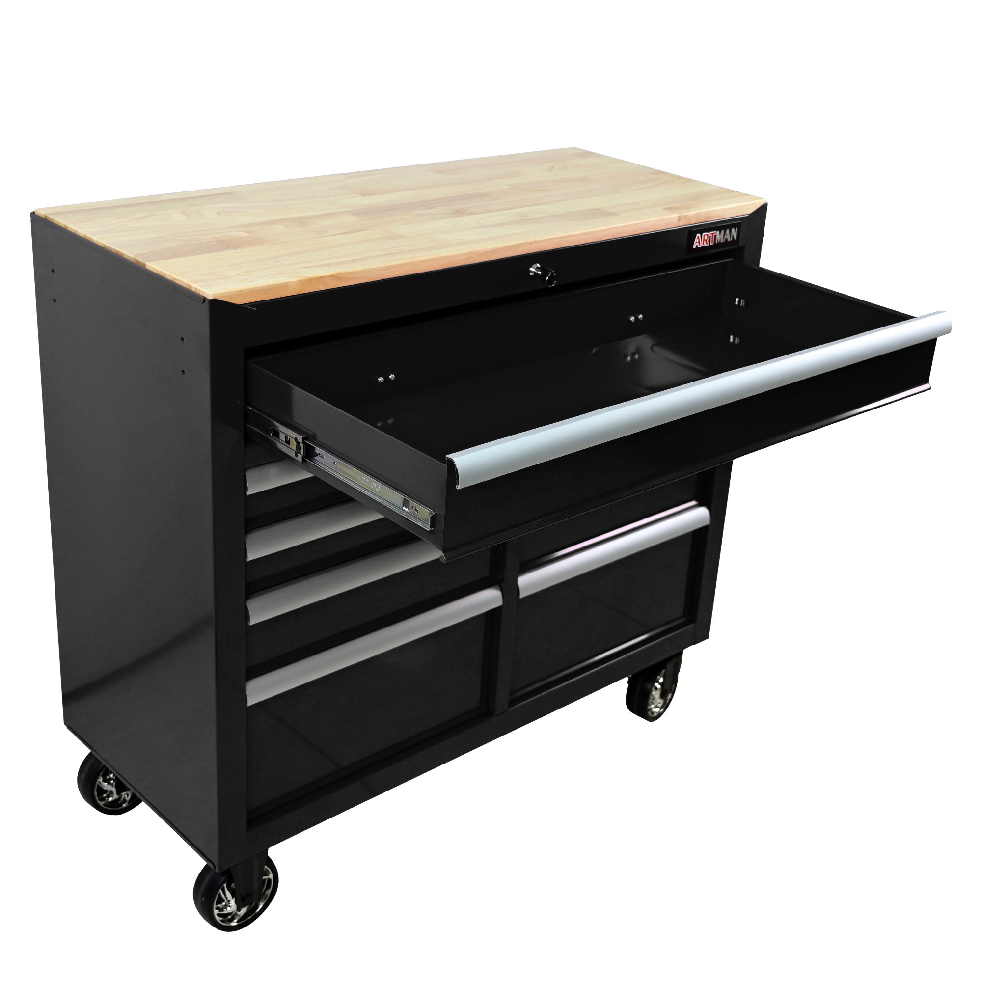 9-Drawer Multifunctional Steel Tool Cart with Wheels and Wooden Top, Black