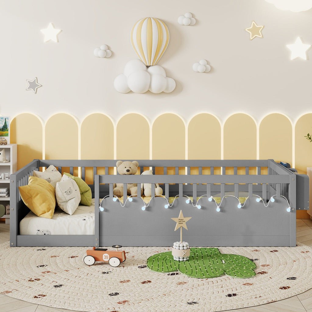 Twin Montessori Floor Bed Frame with High Rails, Wood Kids Floor Beds with Light and Storage Shelf, Gray (Expect Arrival Date 2025/8/15)