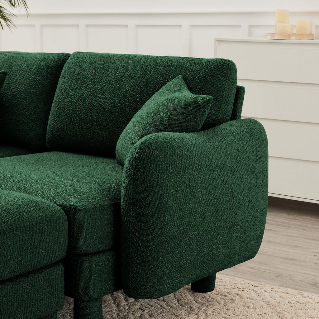 Boucle Fabric U Shape Sectional 4-seater Sofa Couch With Distinctive Shell-shaped Armrests And 2 Movable Ottomans,Cylindrical Legs Wrapped with Self-fabric,Green Color