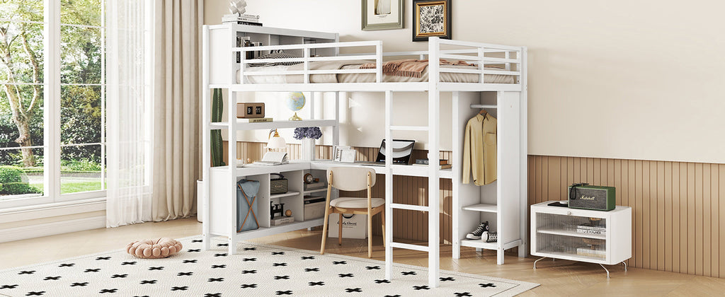 Metal Loft Bed with Wardrobe And L-shaped Desk, Full Size Loft Bed with Storage Cubes and Shelves, Heavy Duty Loft Bed for Kids Teens Adults, White