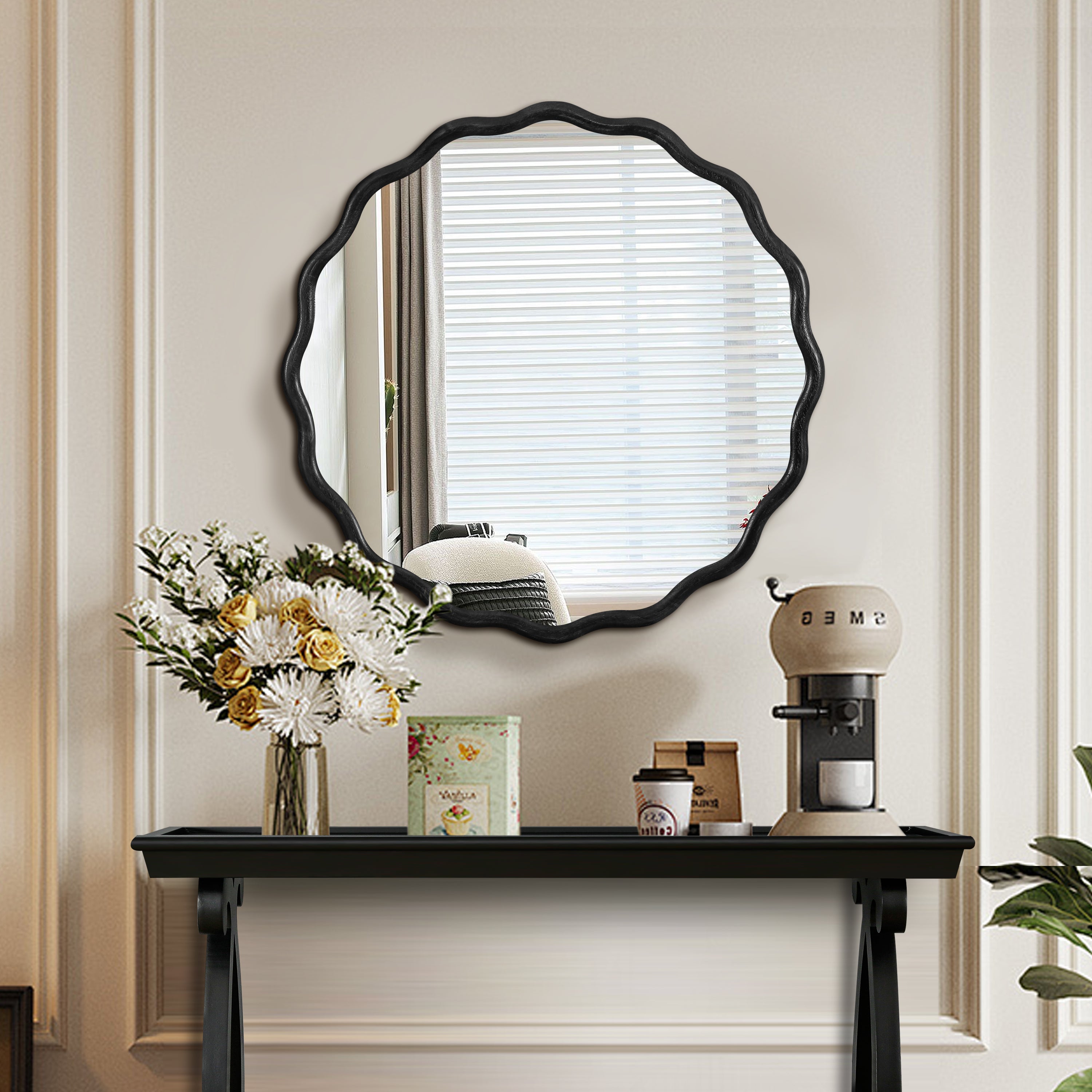 Solid Wood Wavy Mirror-Black Mirror Wall Decor 31" x 31" Modern Mirror Wall Decor for Bathroom, Bedroom, Living Room, Dining Room, Cloakroom, Entryway