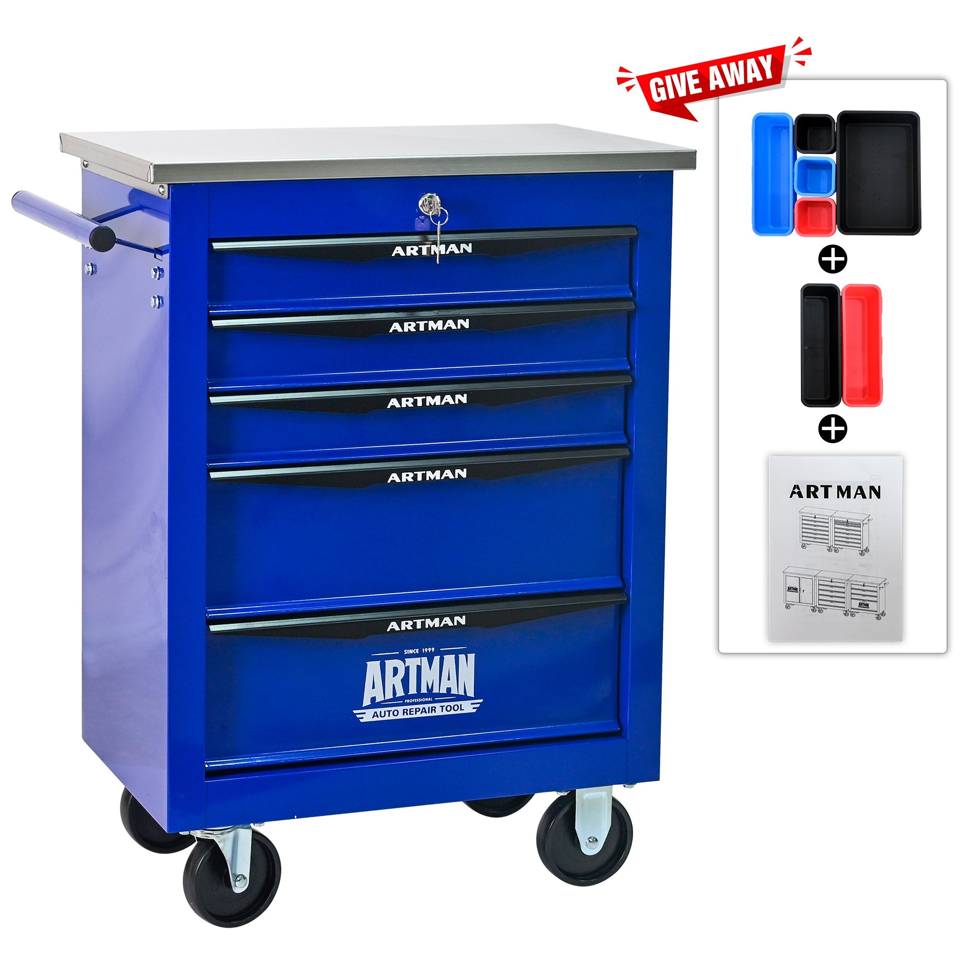 5 Drawers Multifunctional Tool Cart with Wheels,Metal Rolling Tool Cart Storage for Garage Workshop Warehouse Repair Shop--With Stainless Steel Roof- BLACK&BLUE