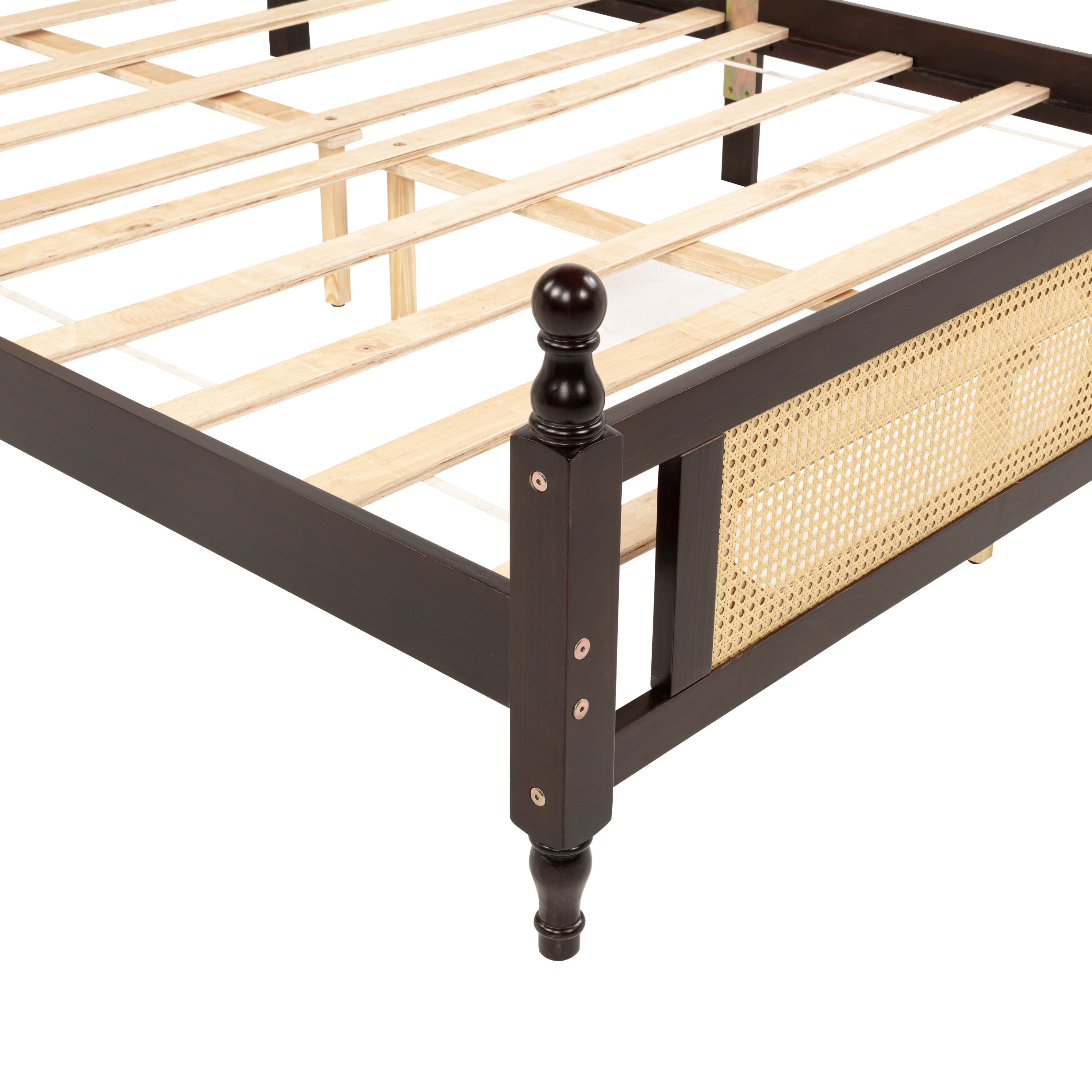 Queen Pine wooden Bed with Rattan Headboard  and Footboard, with  Central Enhanced Bed Platform ,Espresso
