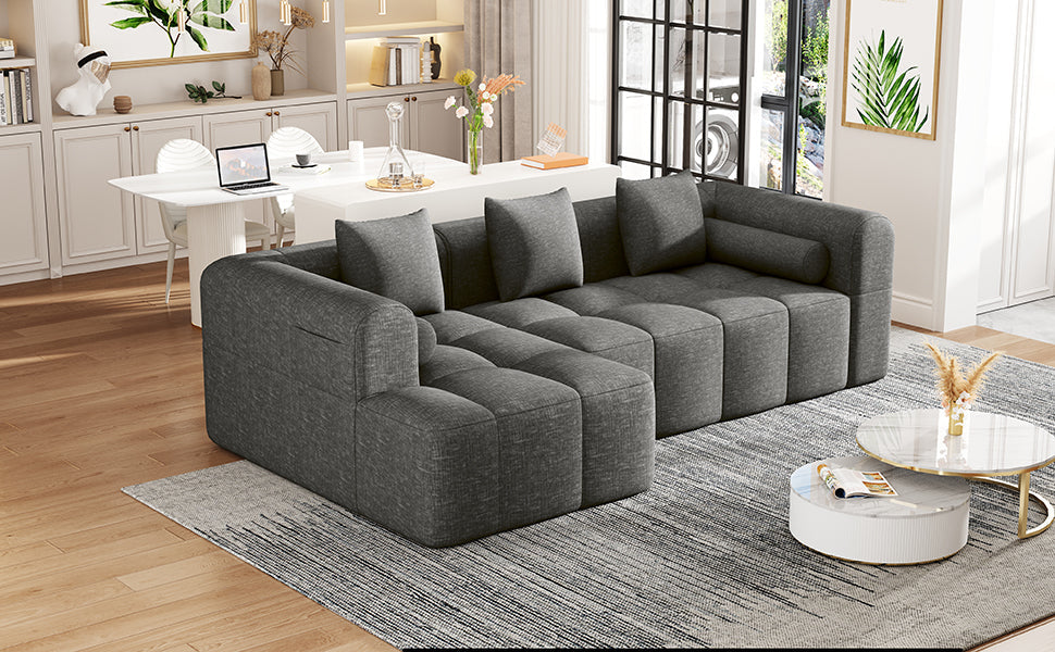 Modern Grey Modular Sectional Sofa with Deep Seating and Side Pockets in Chenille Fabric