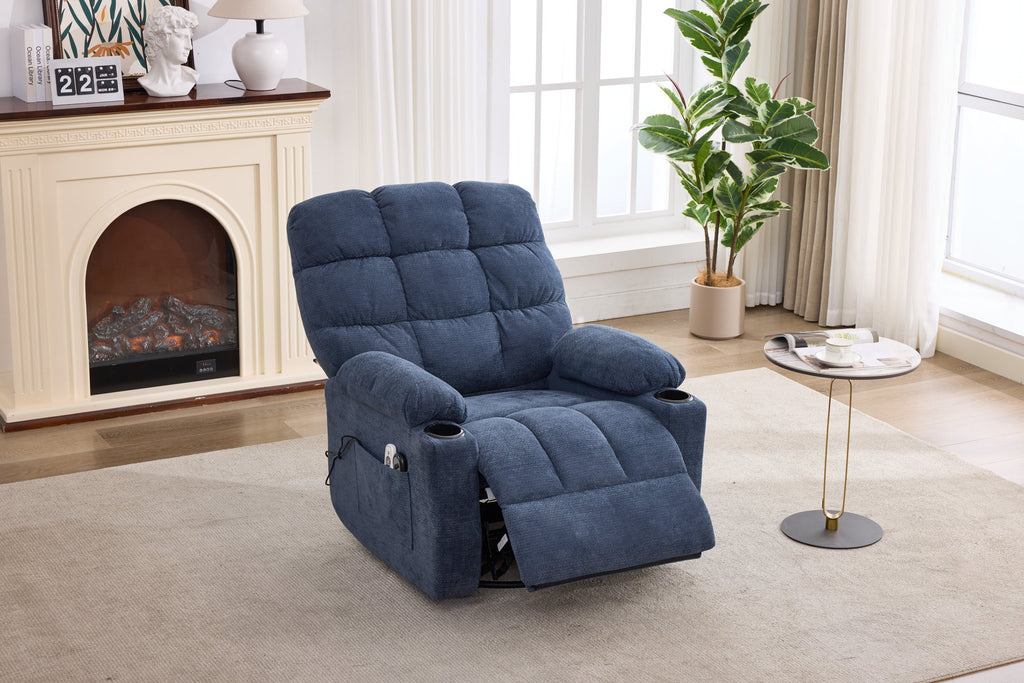 Heat Massage Manual Recliner Chair with Rocker and Swivel in Fabric for Living Room, Blue