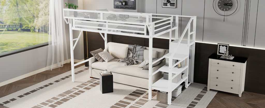 Twin XL Size Loft Bed with Stairs, Metal Full Loft Bed with Storage Shelves, High Loft Bed with Wardrobe for Kids Teens,White(Expect Arrival Date 2025/10/14)