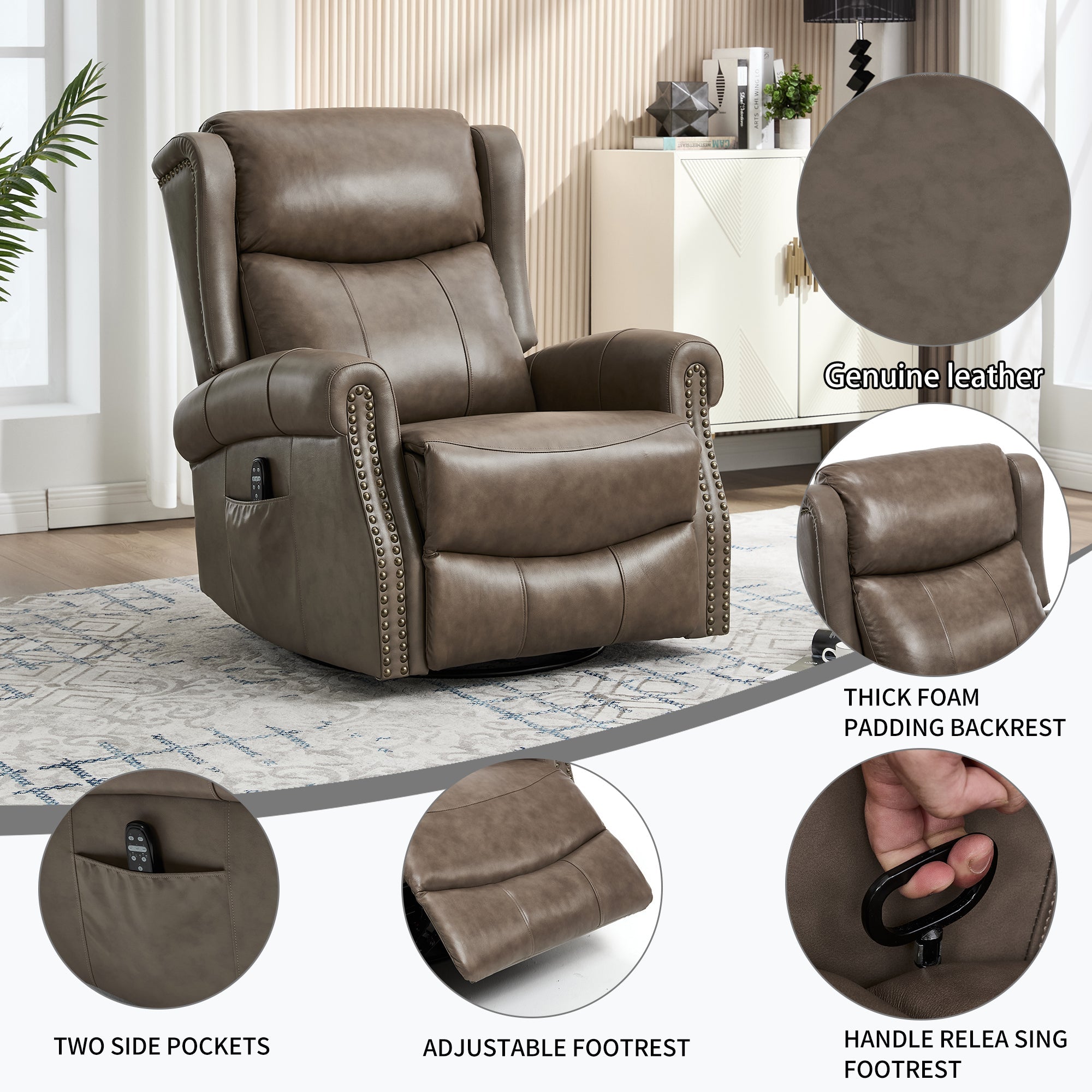 Heat Massage Manual Recliner Chair with Rocker and Swivel in Genuine leather for Living Room