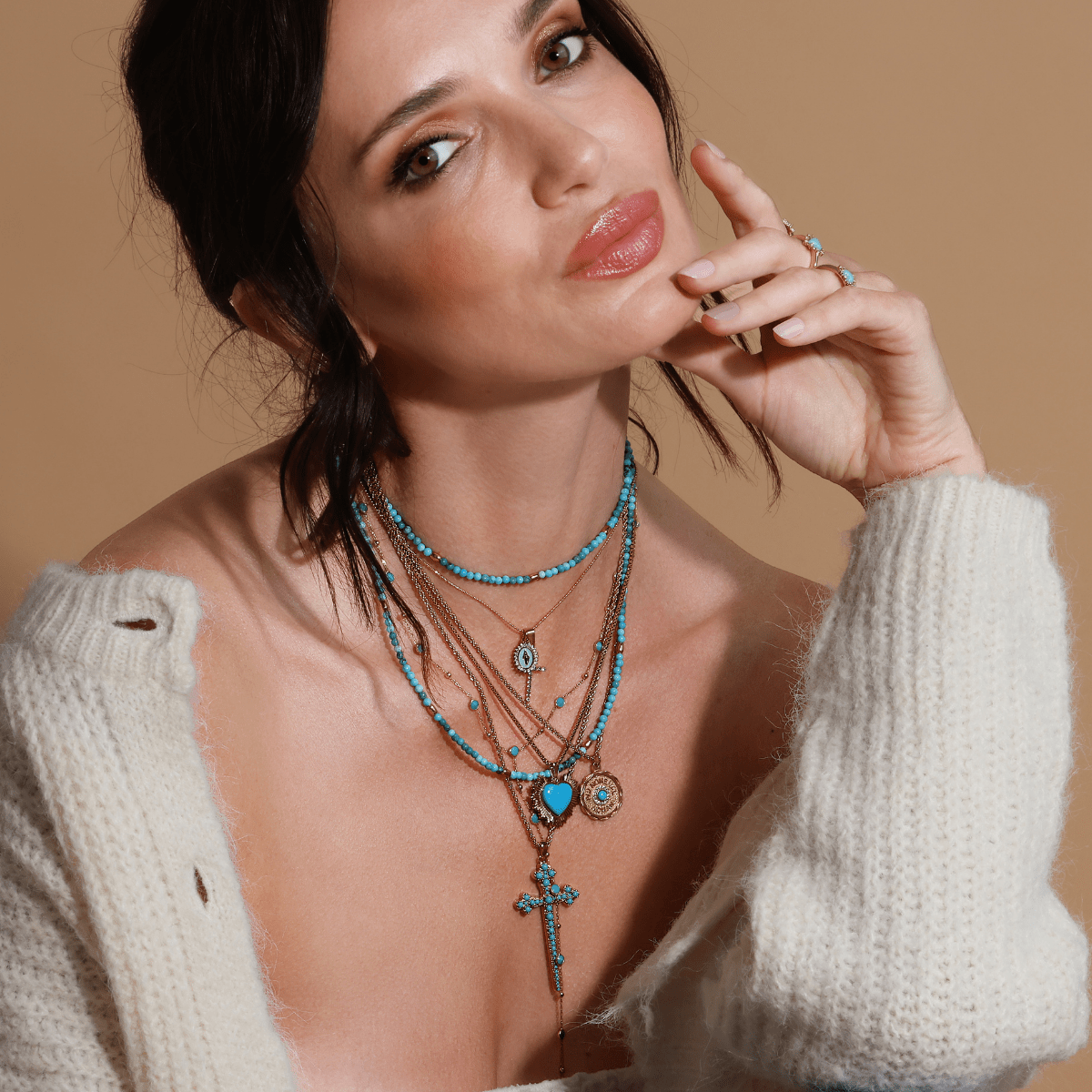 Virgin Maria Multi-Charm Necklace - Aqua