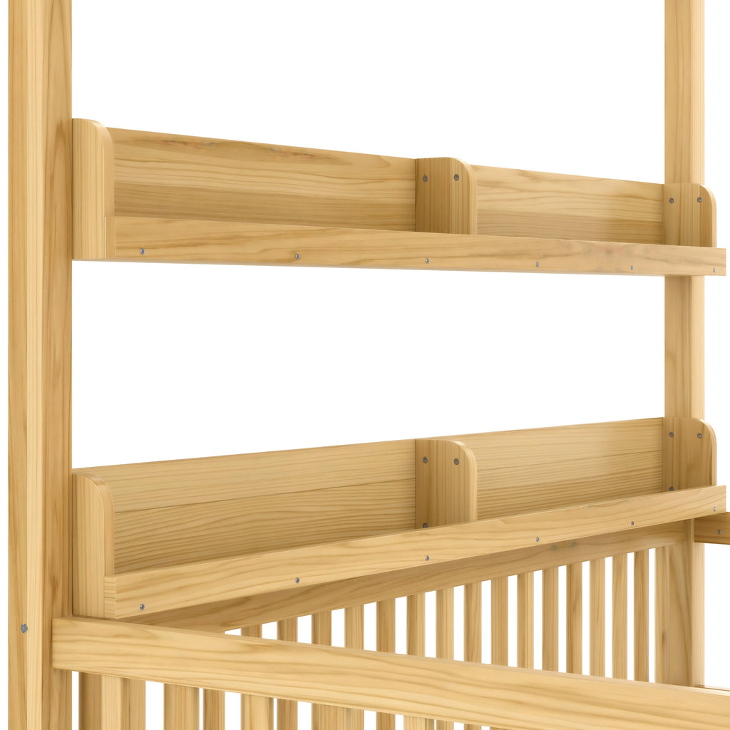 Twin Size Canopy Bed with Guardrails, Solid Wood Floor Bed with Shelves, Montessori Floor Bed Frame for Kids, Boys, Girls, No Spring Box Needed, Natural