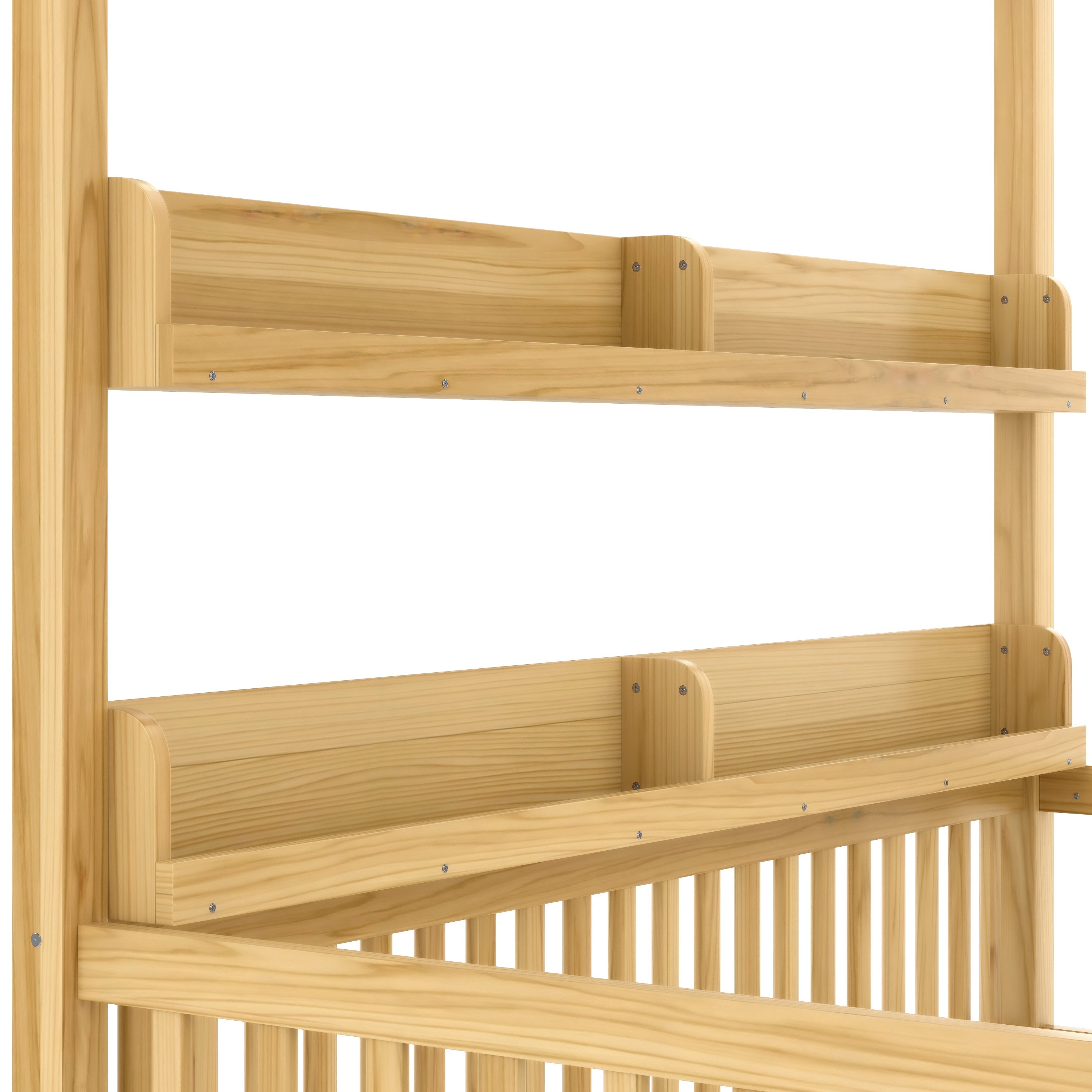 Twin Size Canopy Bed with Guardrails, Solid Wood Floor Bed with Shelves, Montessori Floor Bed Frame for Kids, Boys, Girls, No Spring Box Needed, Natural