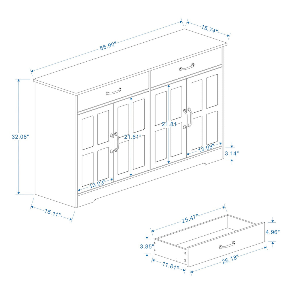 55.91" Large Farmhouse Buffet Cabinet Storage Sideboard with 2 Drawers and 4 Doors for Dining Living Room Kitchen Cupboard-White
