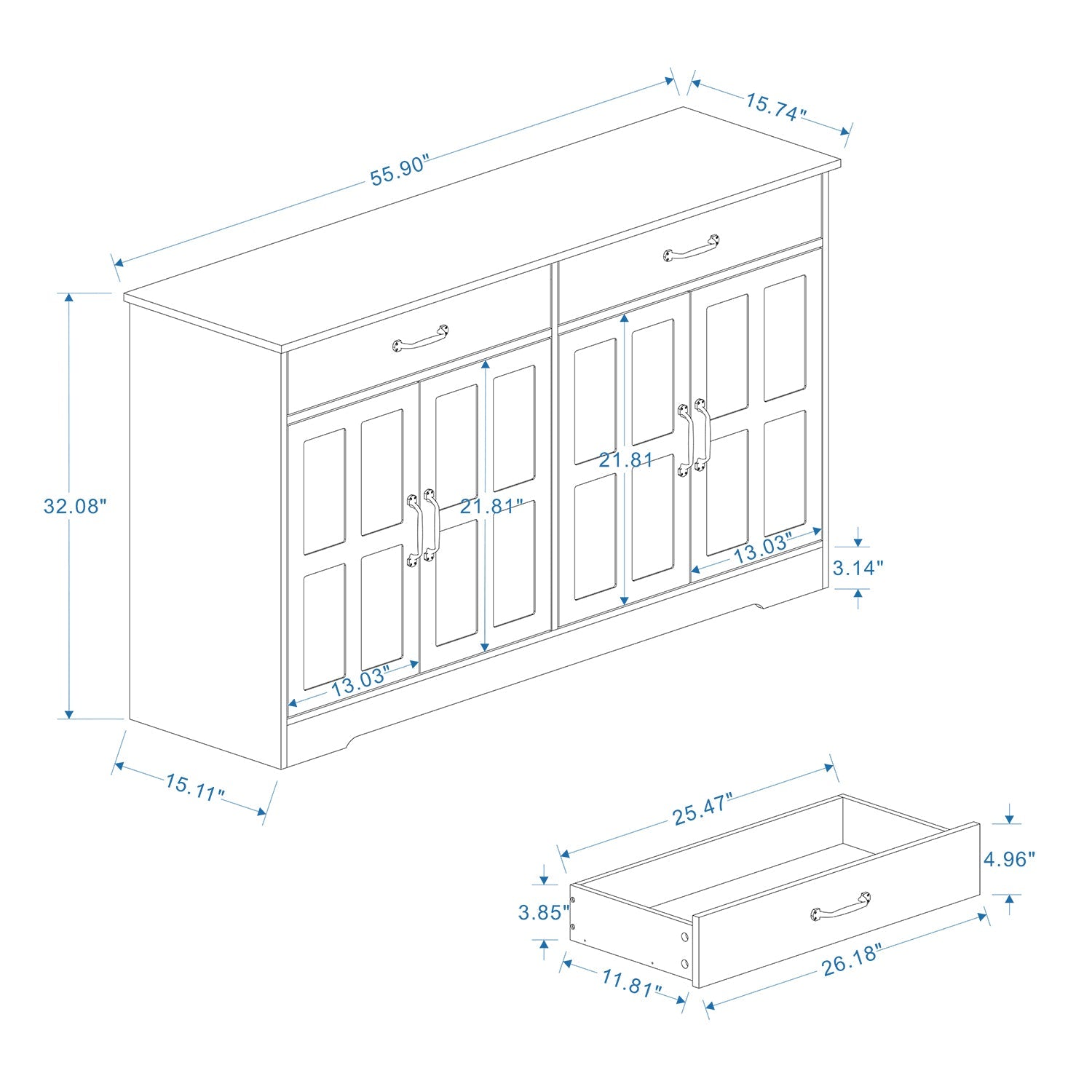 55.91" Large Farmhouse Buffet Cabinet Storage Sideboard with 2 Drawers and 4 Doors for Dining Living Room Kitchen Cupboard-White