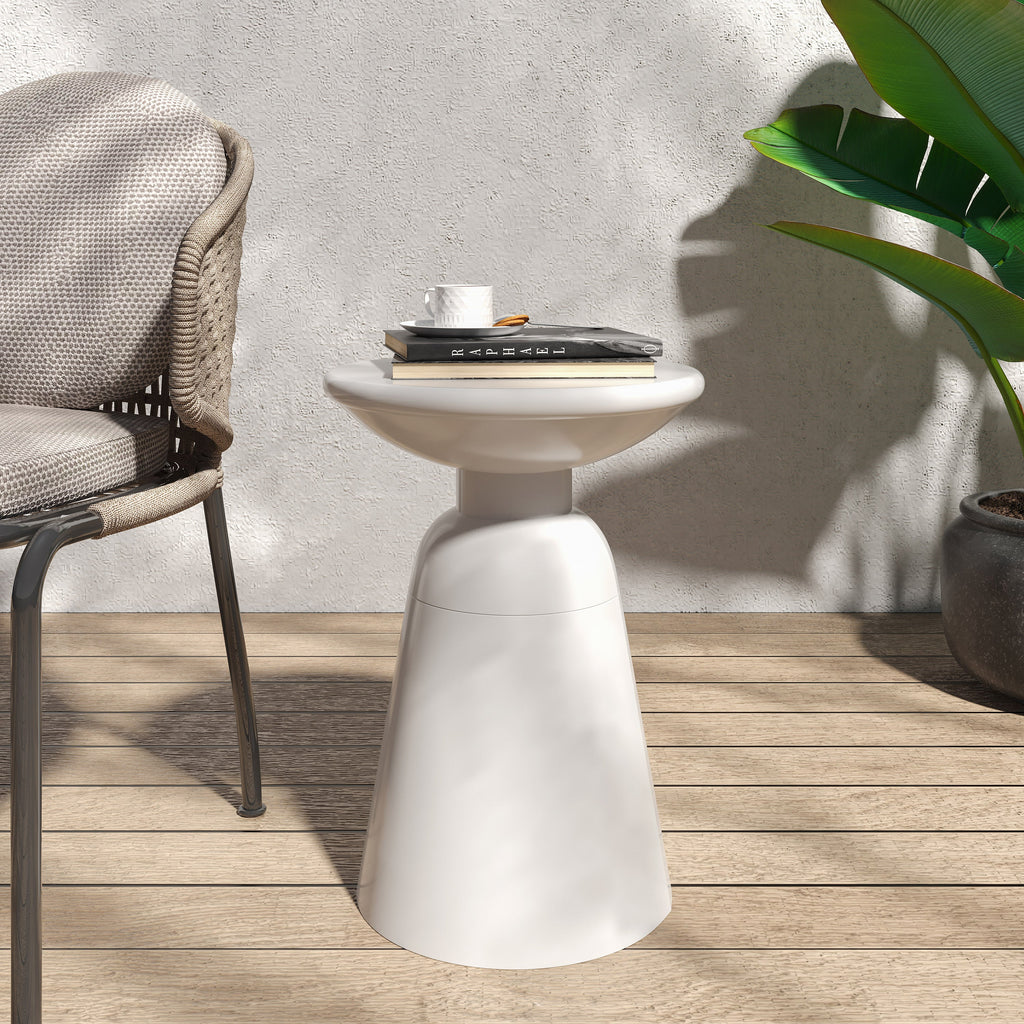 Modern Outdoor Metal End Table with Pedestal Design in White, Iron, 15 x 15 x 20.75 Inches