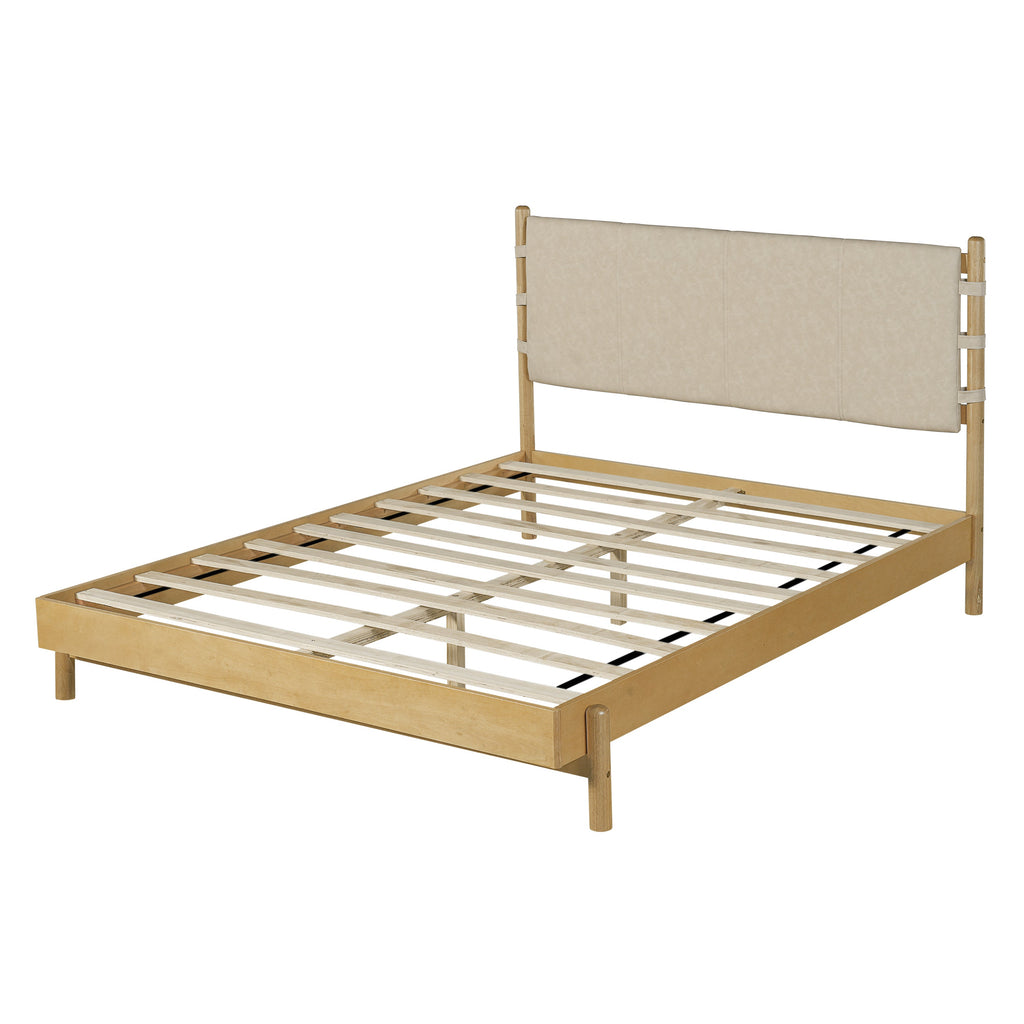 Modern Queen Bed Frame Set with 2 Nightstands, Beige Wood Platform Bed with Headboard and Matching Bedside Tables for Bedroom