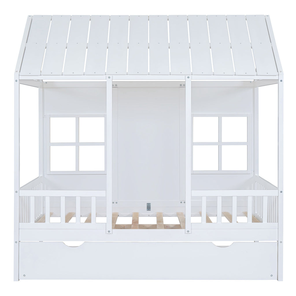 Full Size Wood House Bed With Twin Size Trundle, Wooden Daybed, White