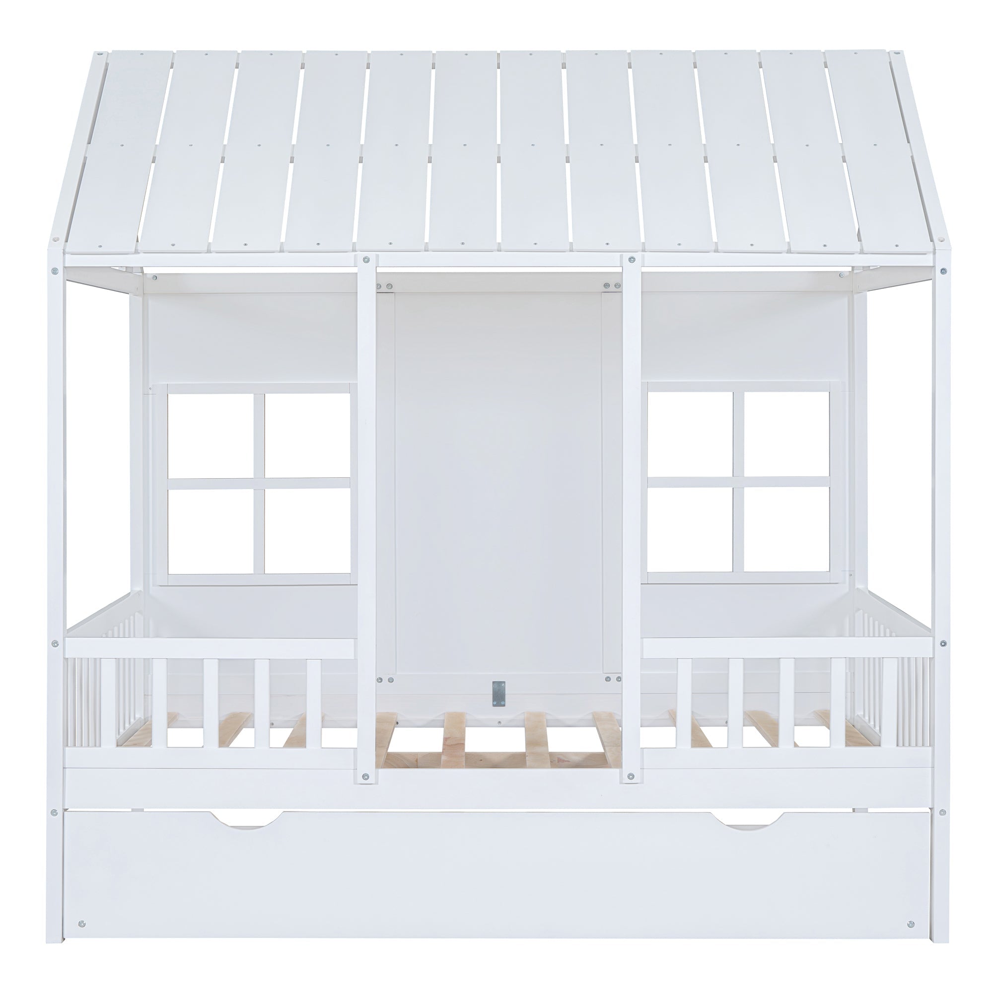 Full Size Wood House Bed With Twin Size Trundle, Wooden Daybed, White