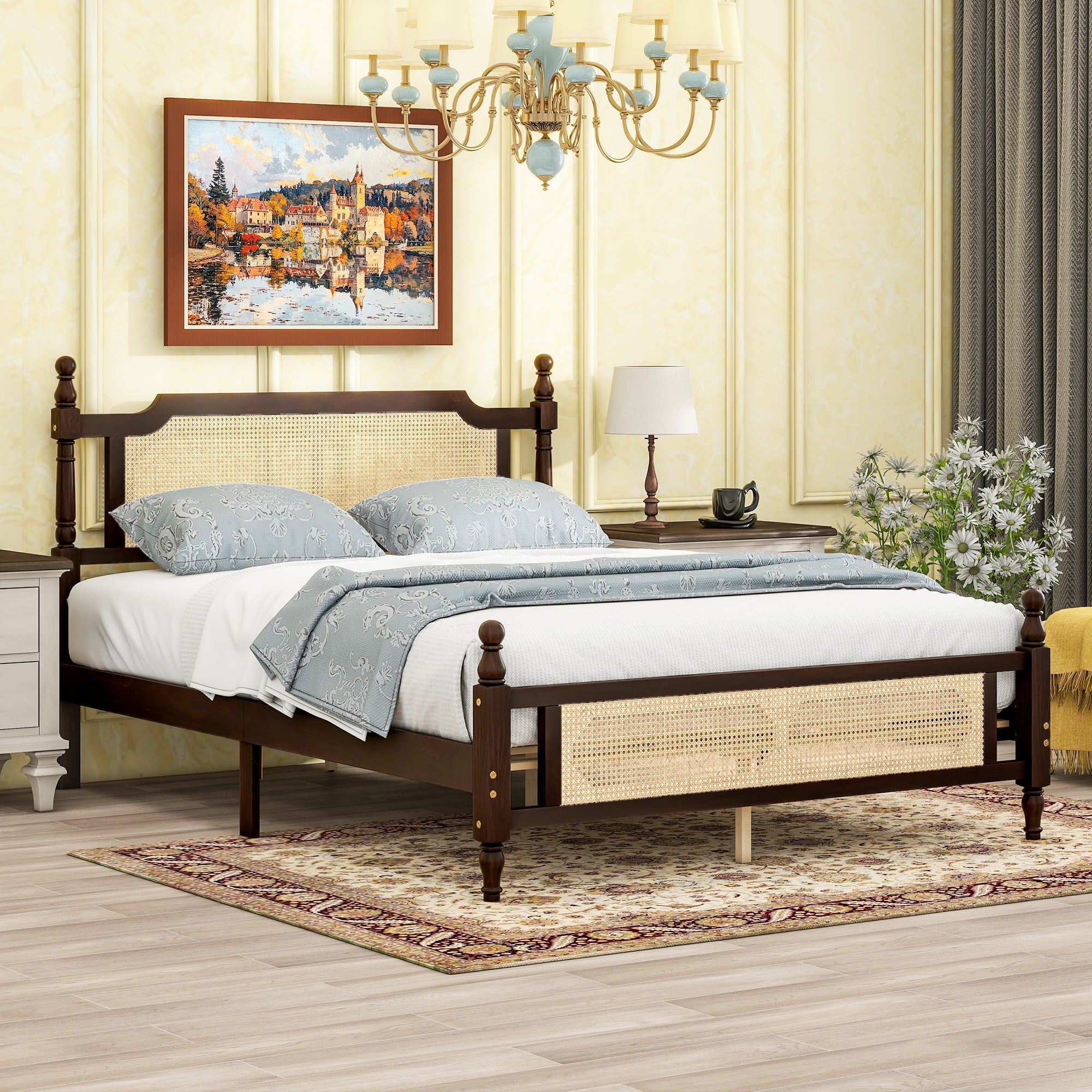 Queen Pine wooden Bed with Rattan Headboard  and Footboard, with  Central Enhanced Bed Platform ,Espresso