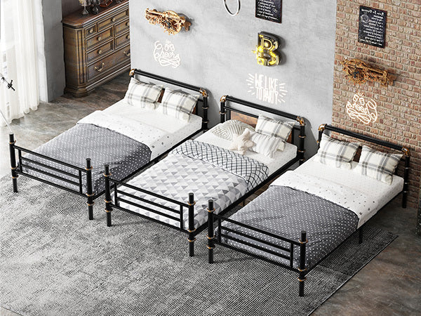 Quad Bunk Bed for 4 Kids, Heavy Duty Metal Twin Bunk Bed Frame, Detachable Triple Bunk Bed, Can Be Divided Into 3 Twin Beds, Black (Old SKU W2580S00015)