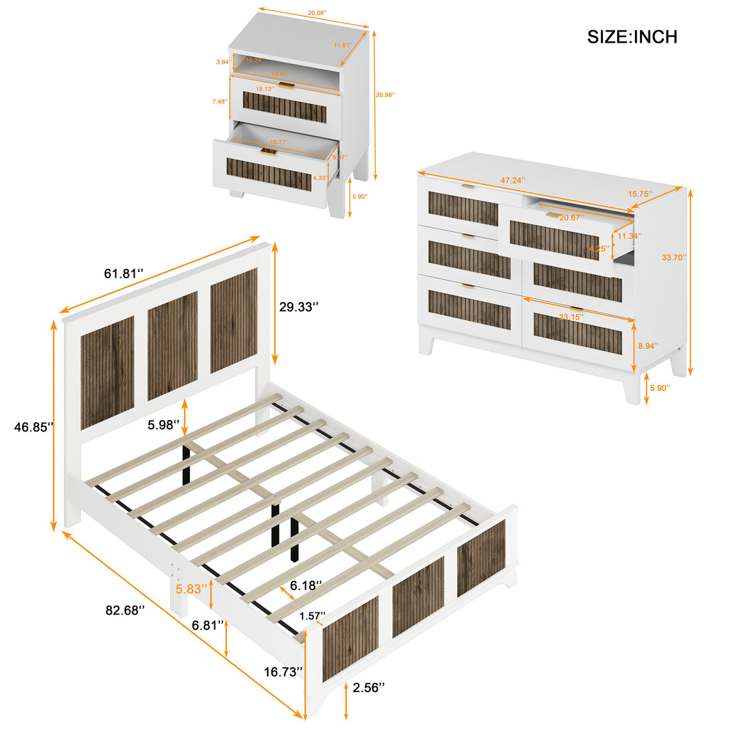 4-Pieces Bedroom Sets, Queen Size Farmhouse Platform Bed with Wooden Strip Stickers Decoration, Storage Nightstand and Dresser with Metal Handle, White(Old SKU: HL000191AAK)
